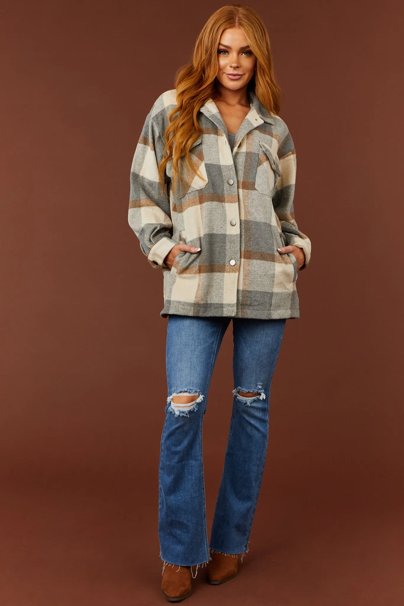 She Sky Cream and Slate Plaid Button Down Shacket