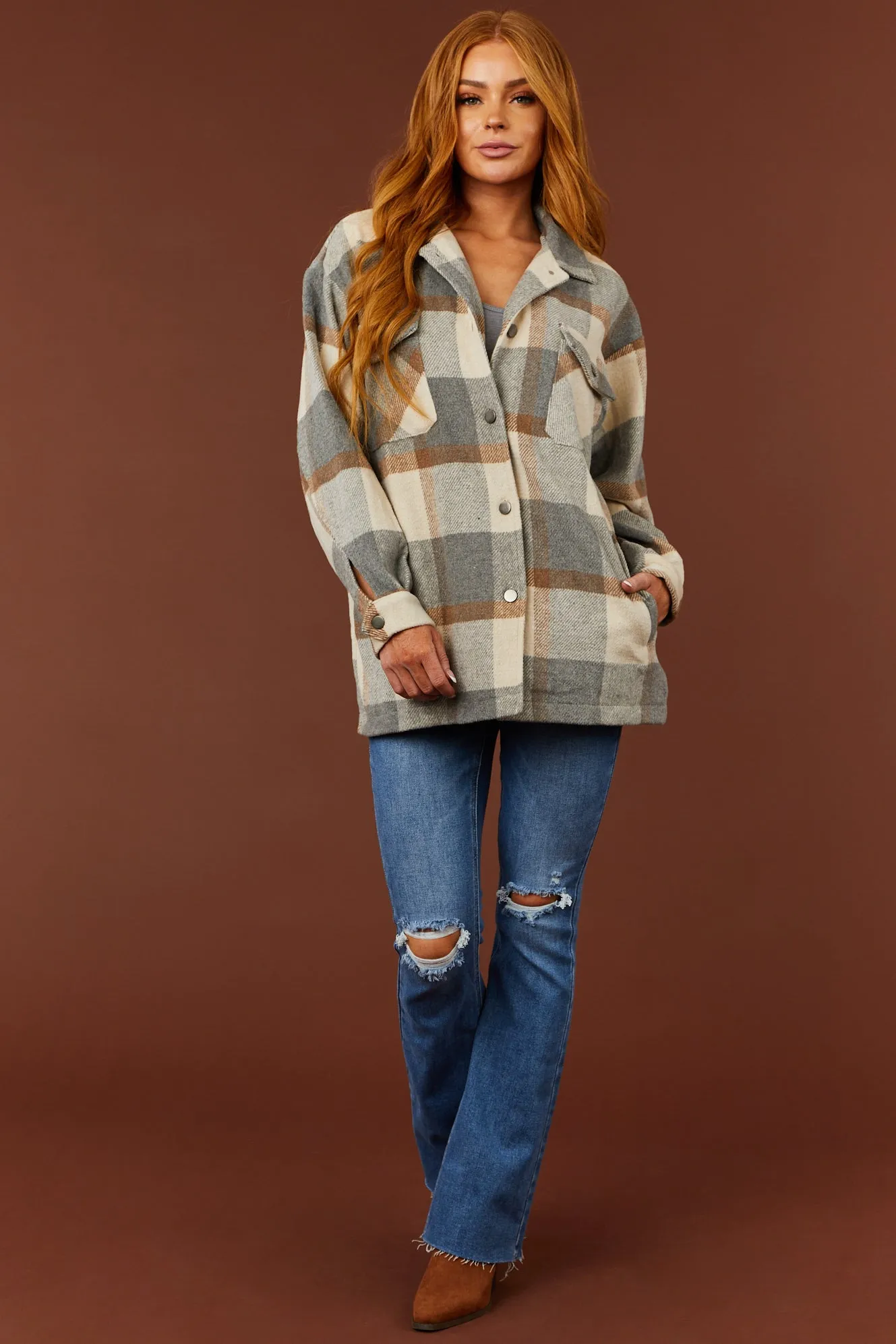 She Sky Cream and Slate Plaid Button Down Shacket