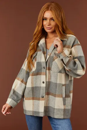 She Sky Cream and Slate Plaid Button Down Shacket