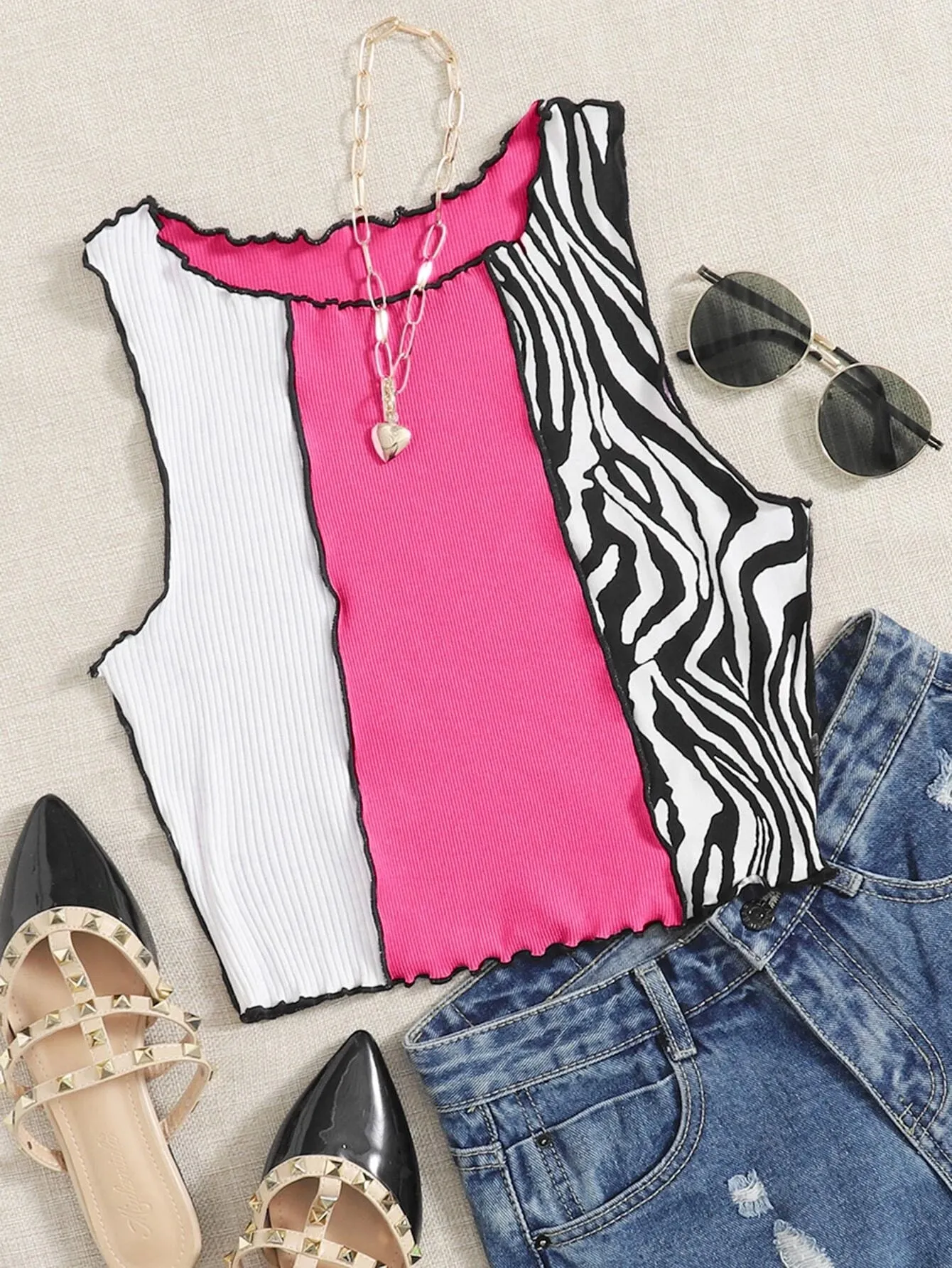 SHEIN EZwear Zebra Stripe Colorblock Lettuce Trim Tank Top, Going Out Top