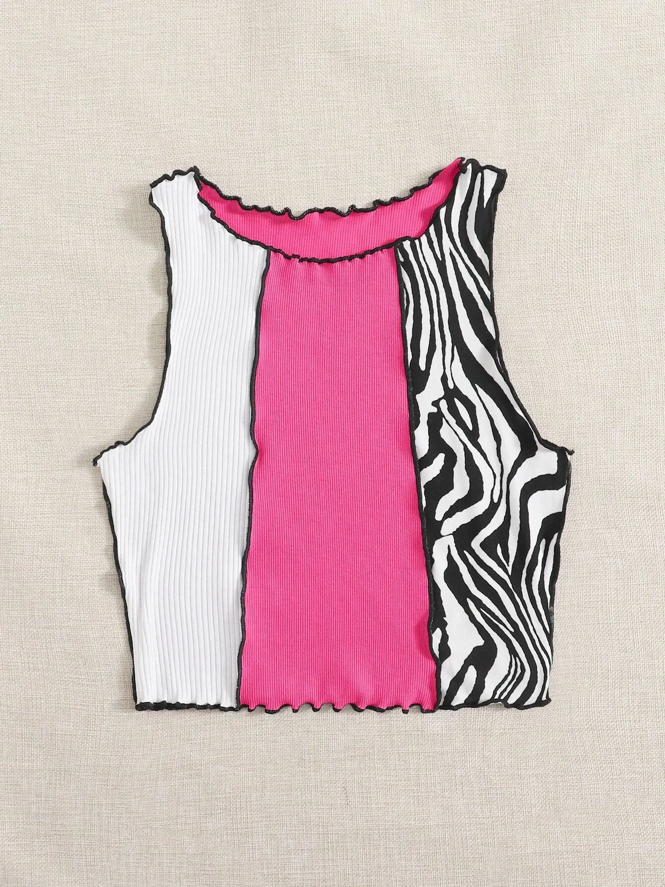 SHEIN EZwear Zebra Stripe Colorblock Lettuce Trim Tank Top, Going Out Top