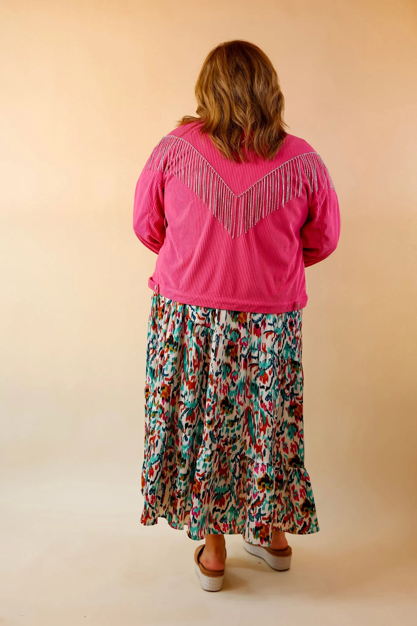 Signature Moves Button Up Corduroy Jacket with Crystal Fringe Back in Hot Pink