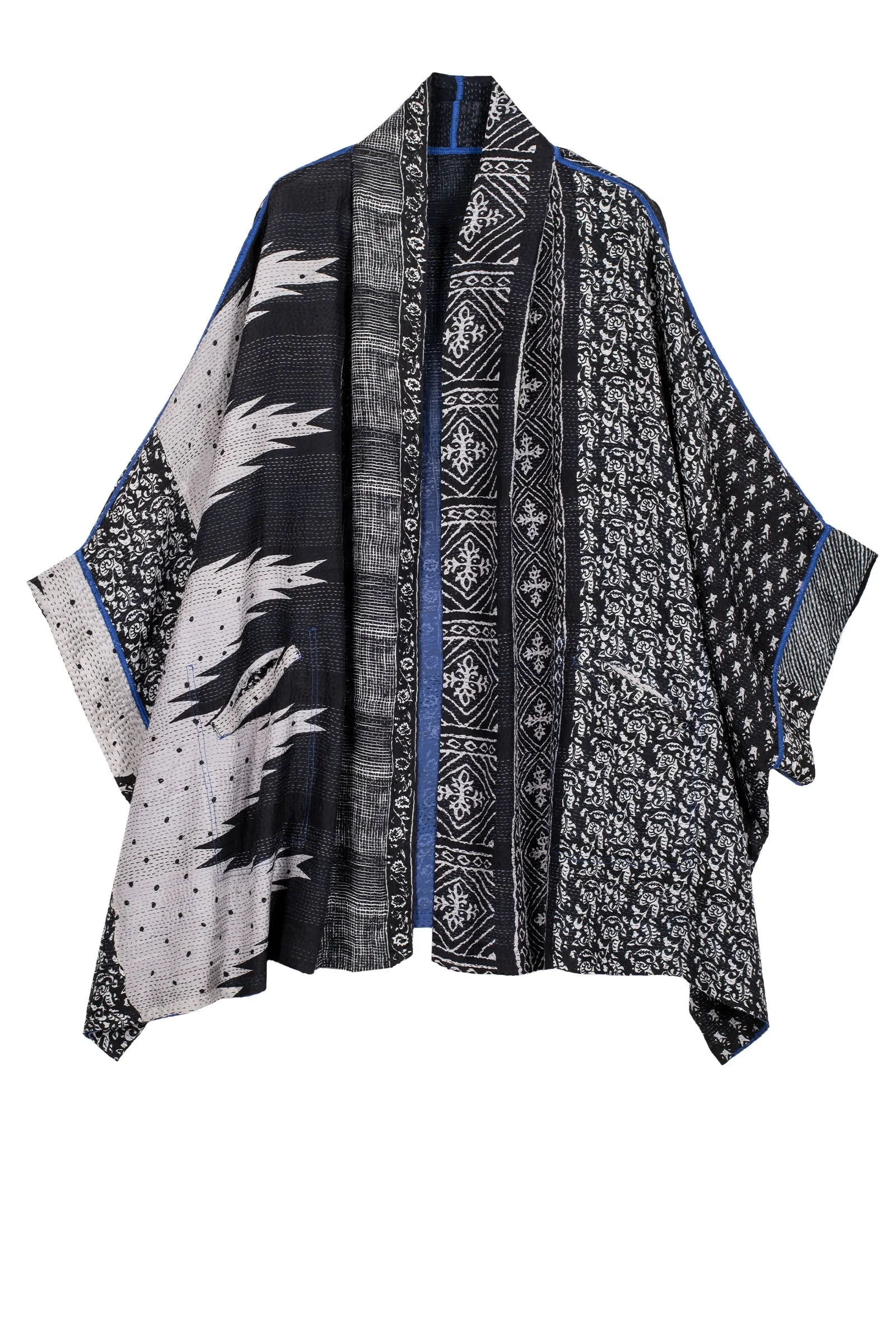 SILK COTTON OMBRE PRINT KANTHA DOUBLE COLLAR PONCHO