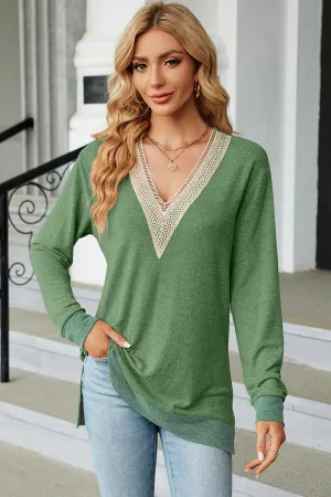 Slit V-Neck Long Sleeve T-Shirt