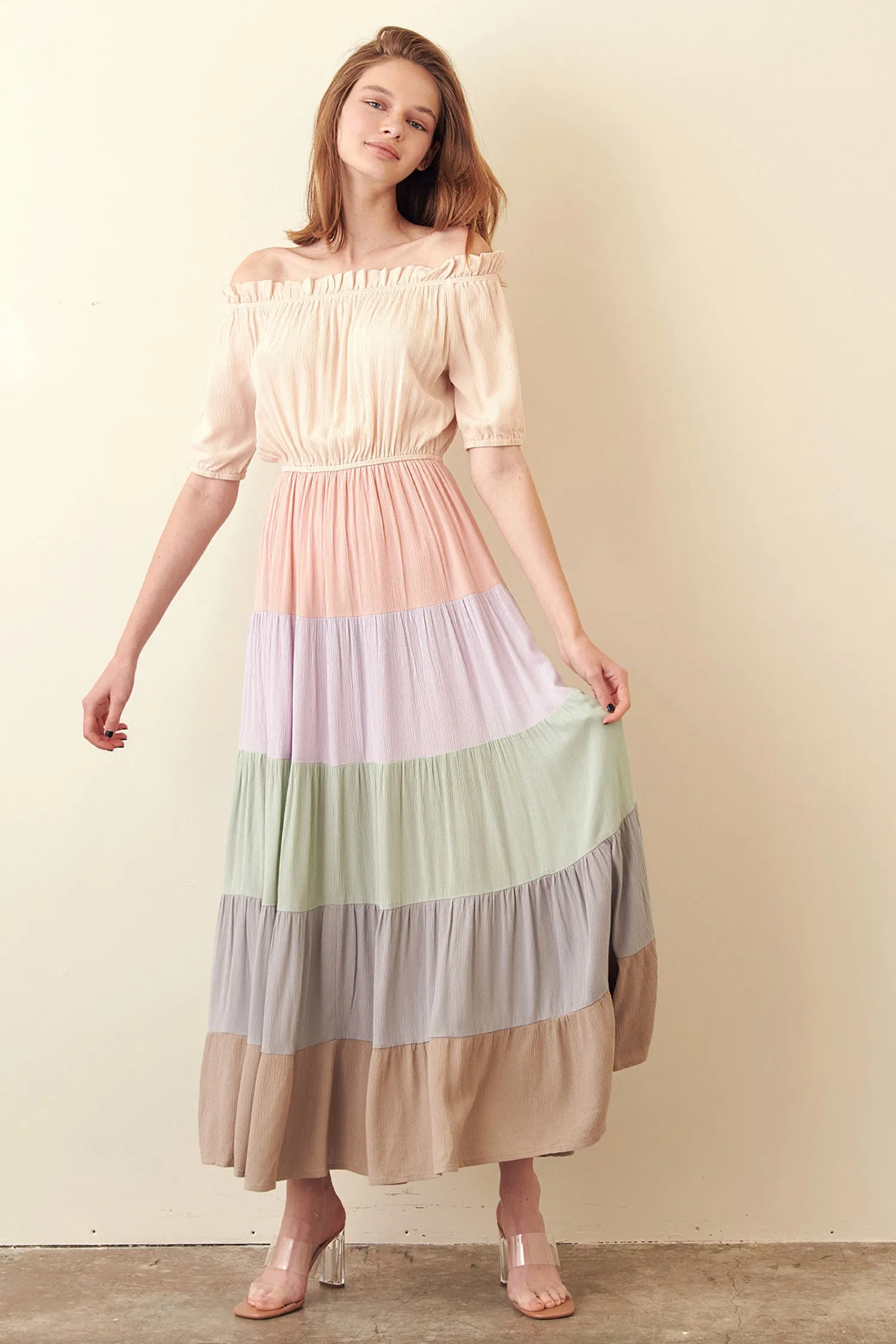 Storia Off Shoulder Multi Color Maxi Dress