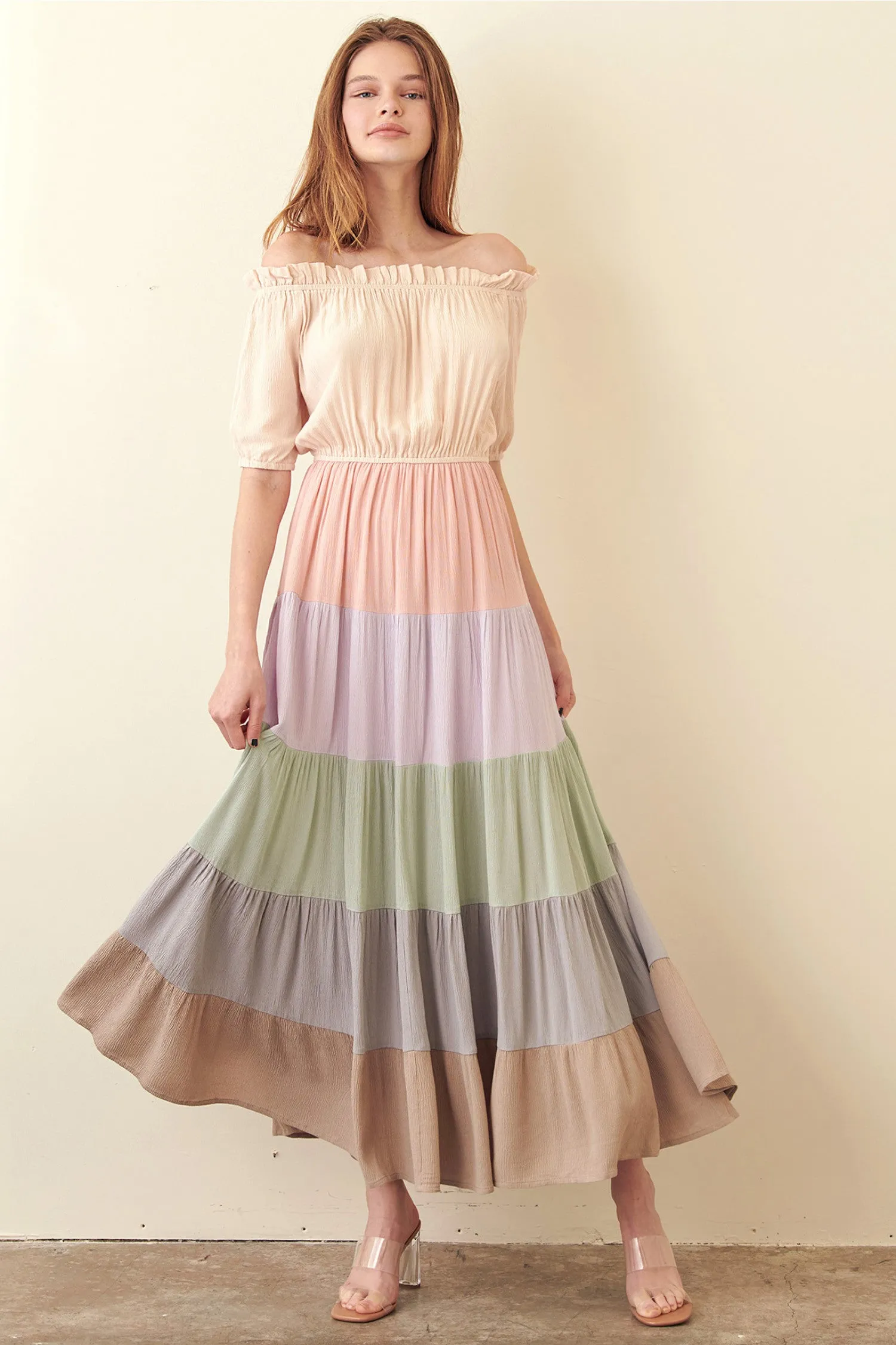 Storia Off Shoulder Multi Color Maxi Dress