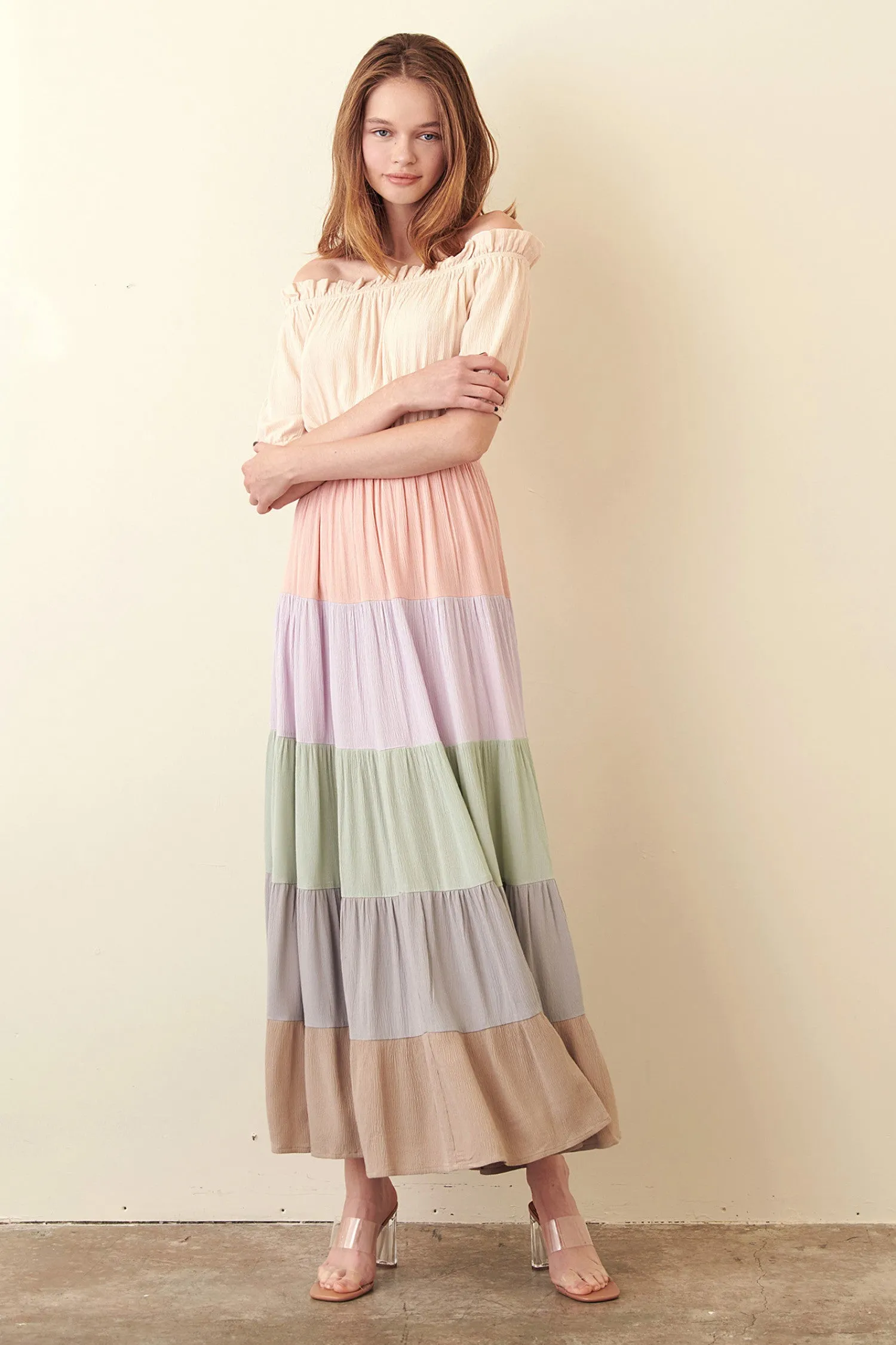 Storia Off Shoulder Multi Color Maxi Dress