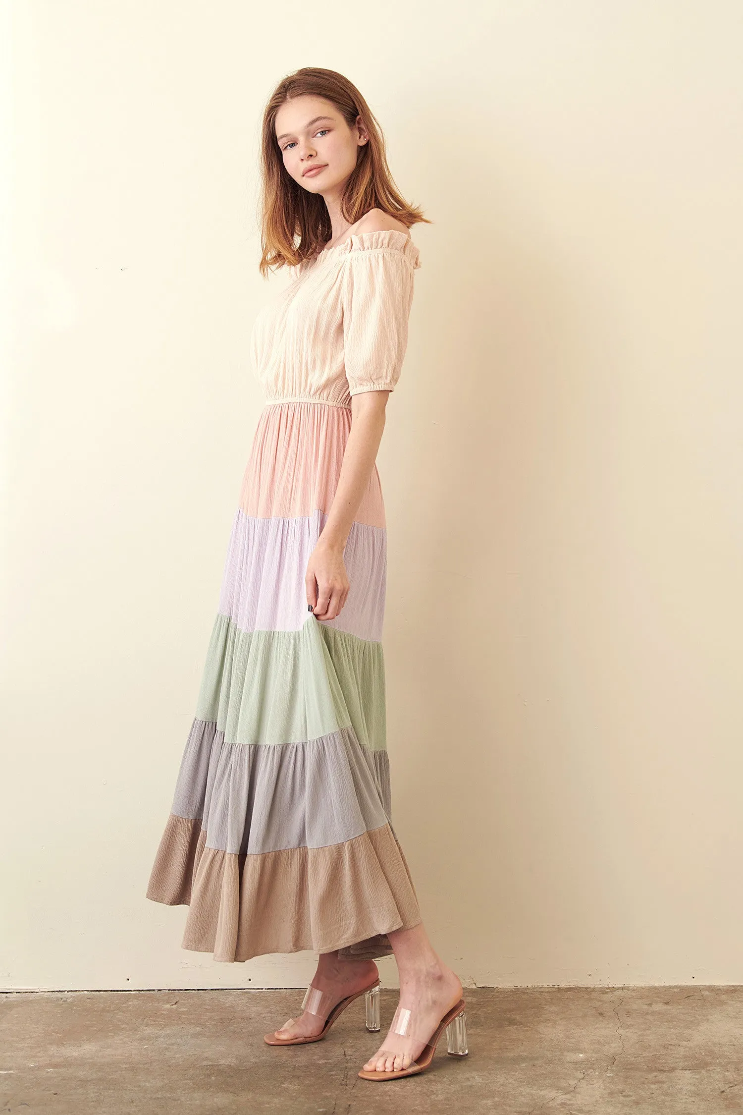 Storia Off Shoulder Multi Color Maxi Dress