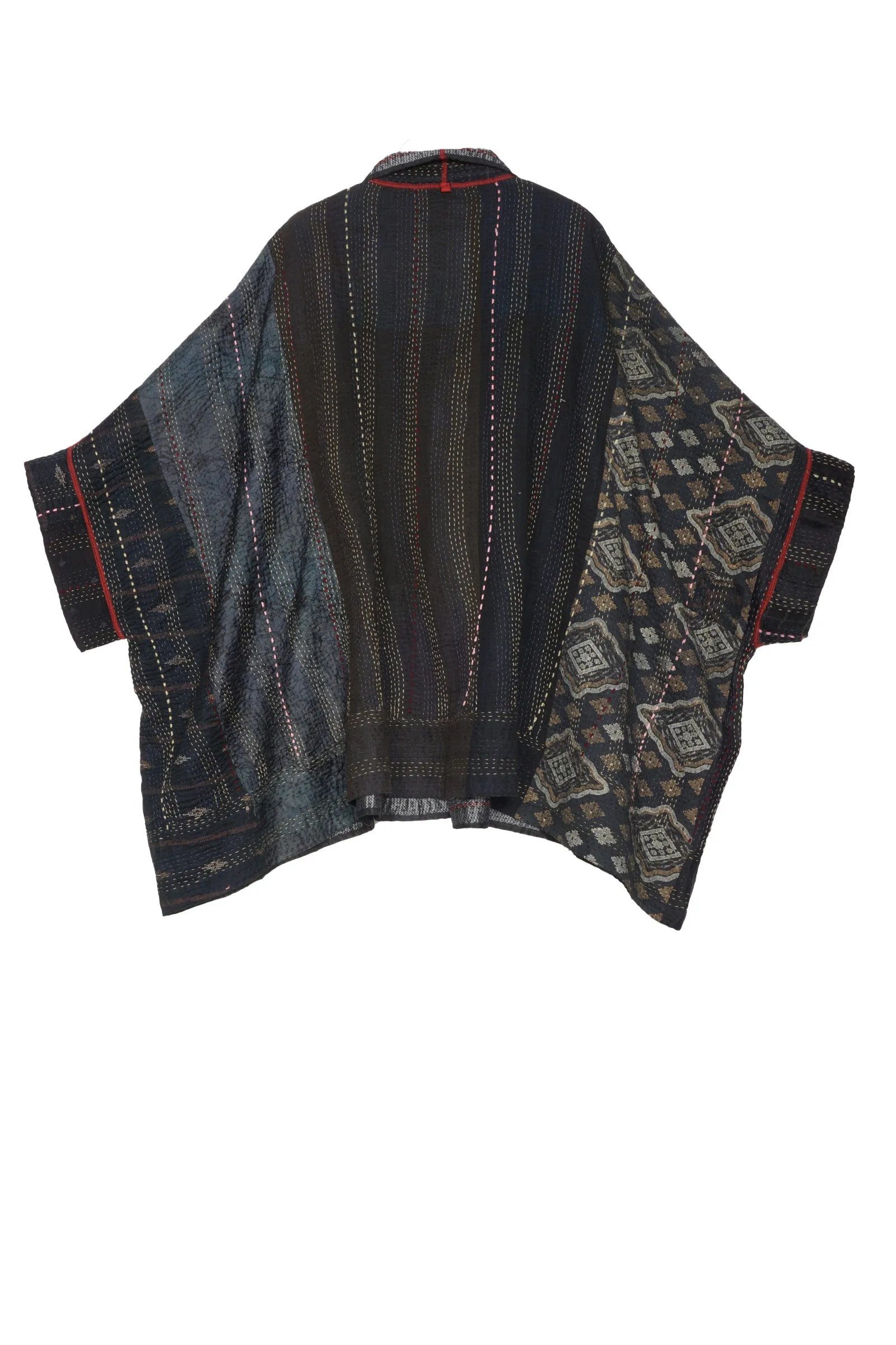 STRIPE RALLIS KANTHA DOUBLE COLLAR PONCHO