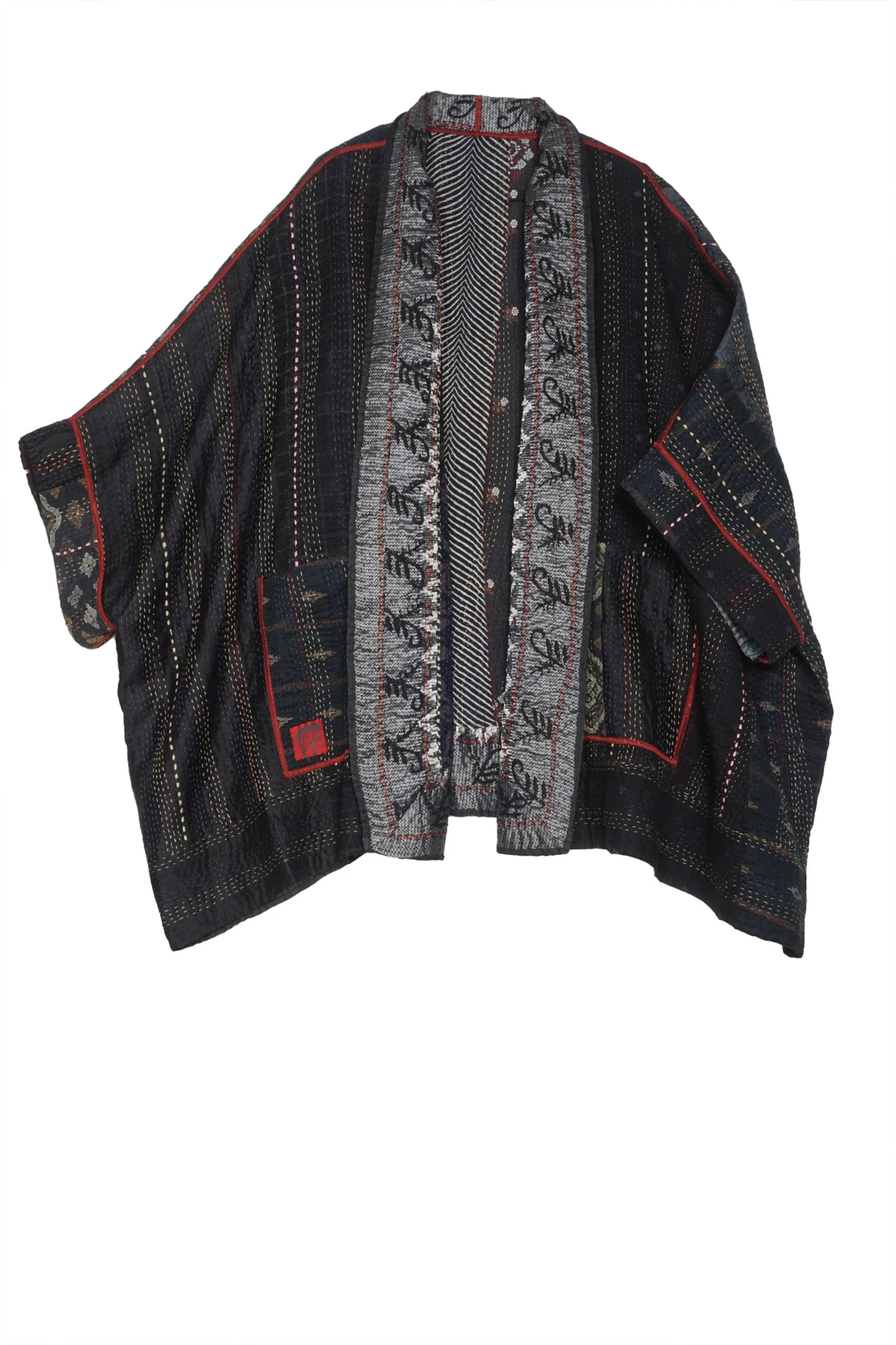 STRIPE RALLIS KANTHA DOUBLE COLLAR PONCHO