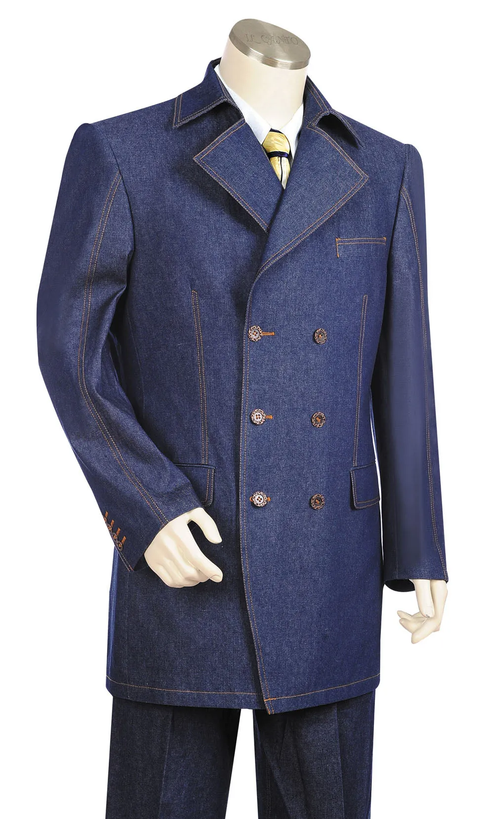 Stylish Trench Collar Double Breasted Stitch Accent Denim 3pc Zoot Suit Set - Navy