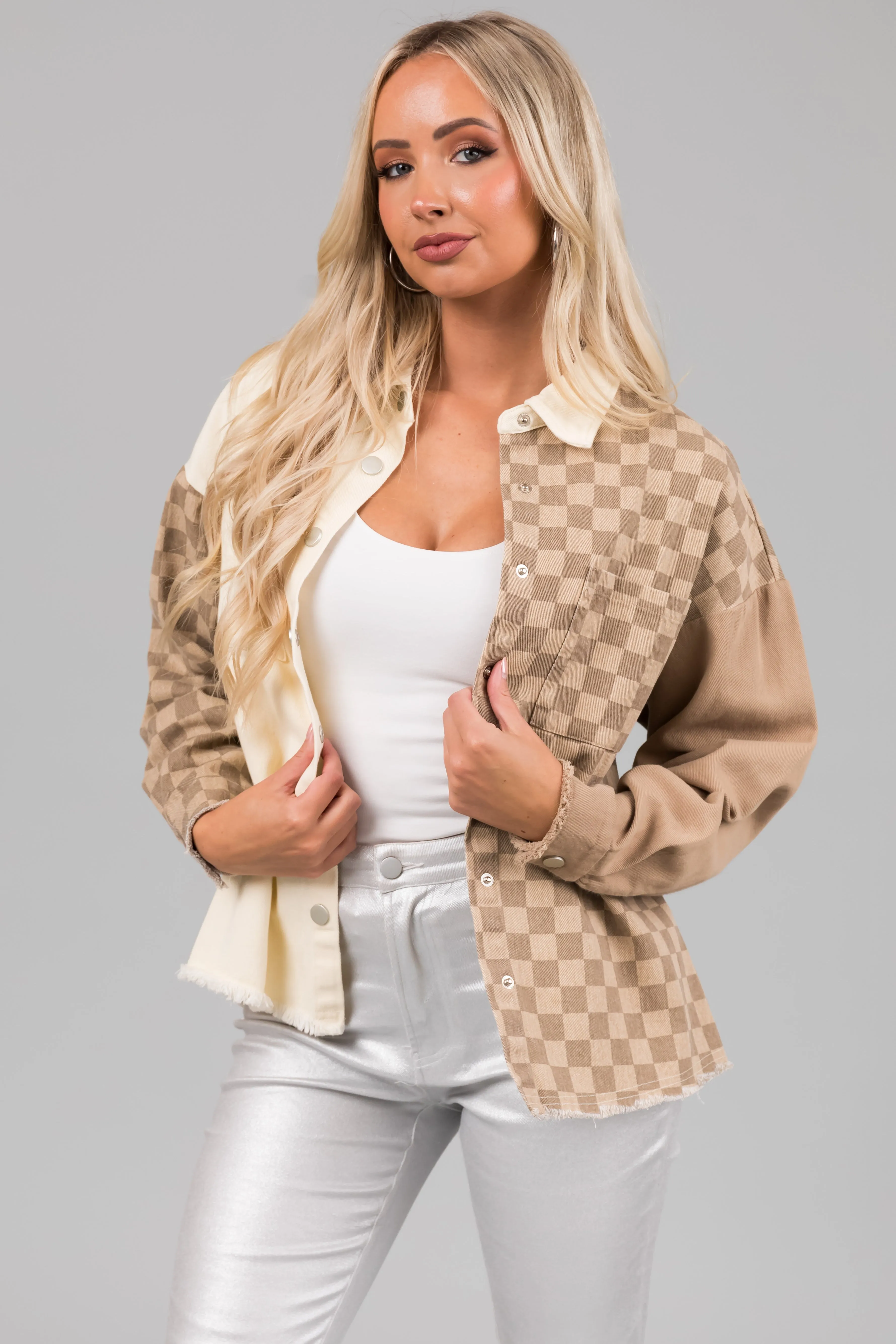 Taupe Checkered Contrast Button Down Shacket