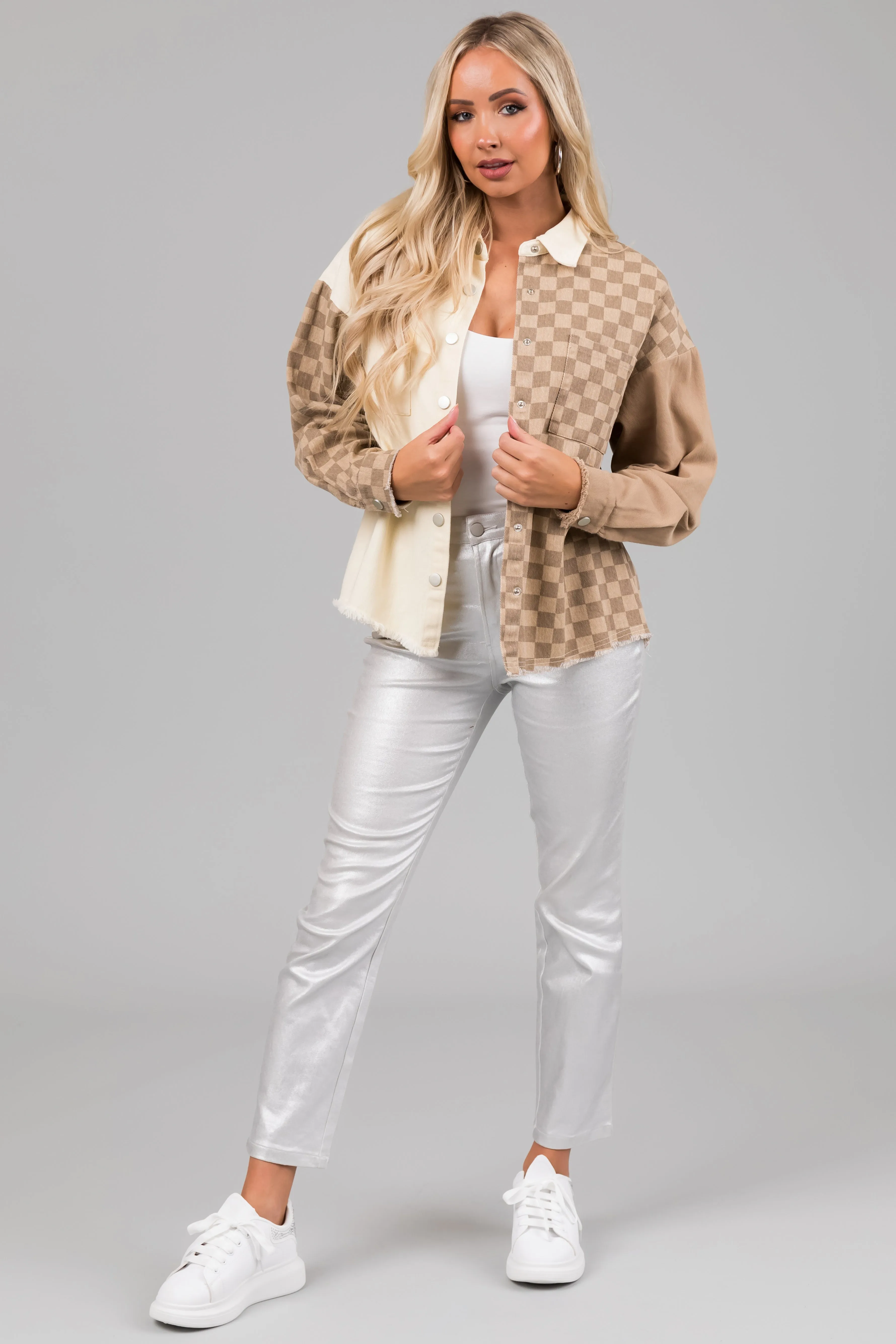 Taupe Checkered Contrast Button Down Shacket