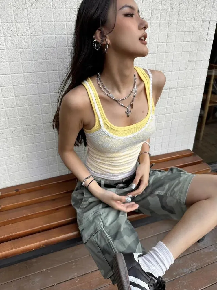 Territory American Vintage Mesh Lace White Camisole  Y2k Sexy Slim Fit Yellow Knitted Vest for Women 2024 Summer New Two Piece Sets