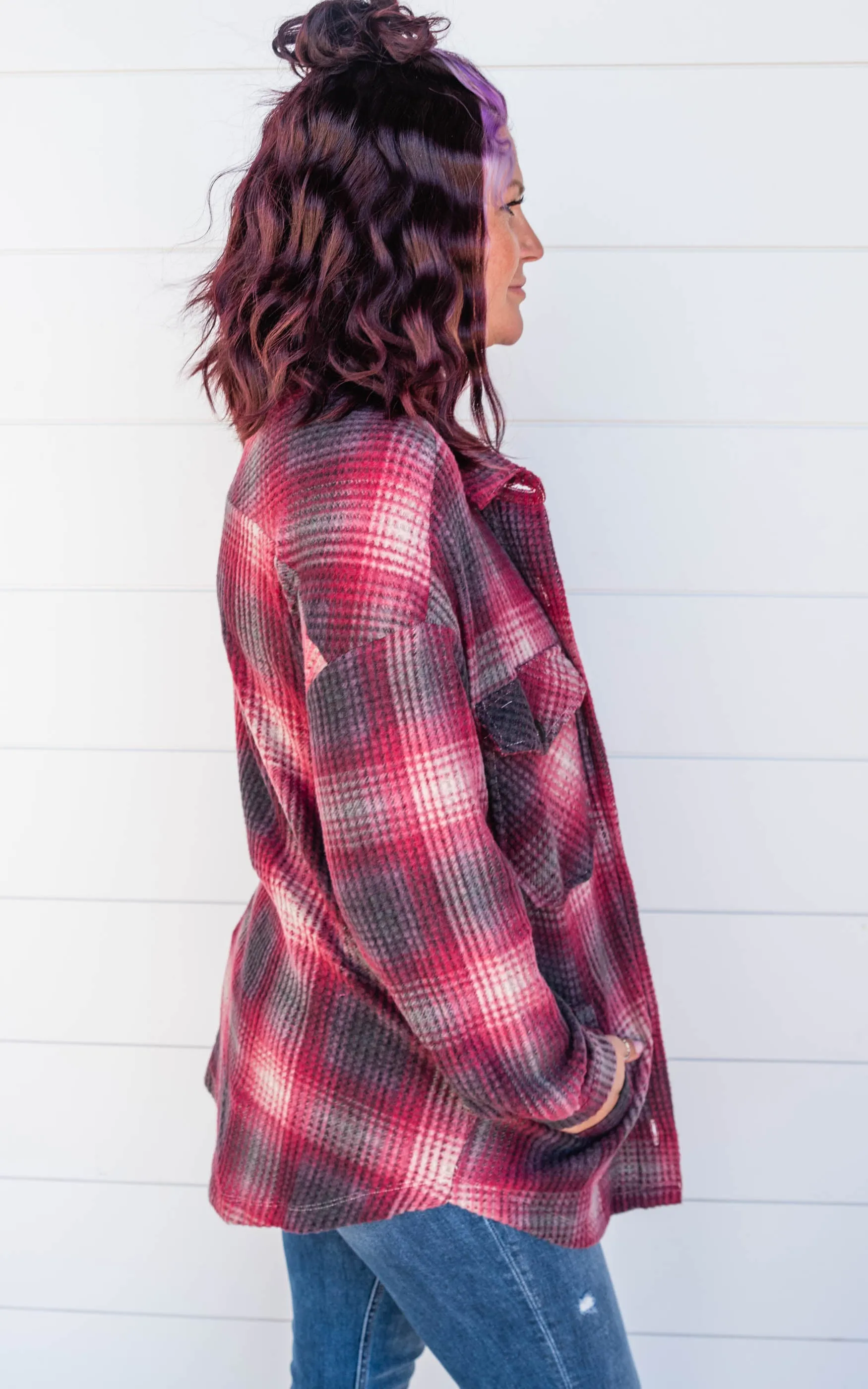 The Willow BRUSHED WAFFLE PLAID OVERSIZED SHACKET BURGUNDY - Final Sale