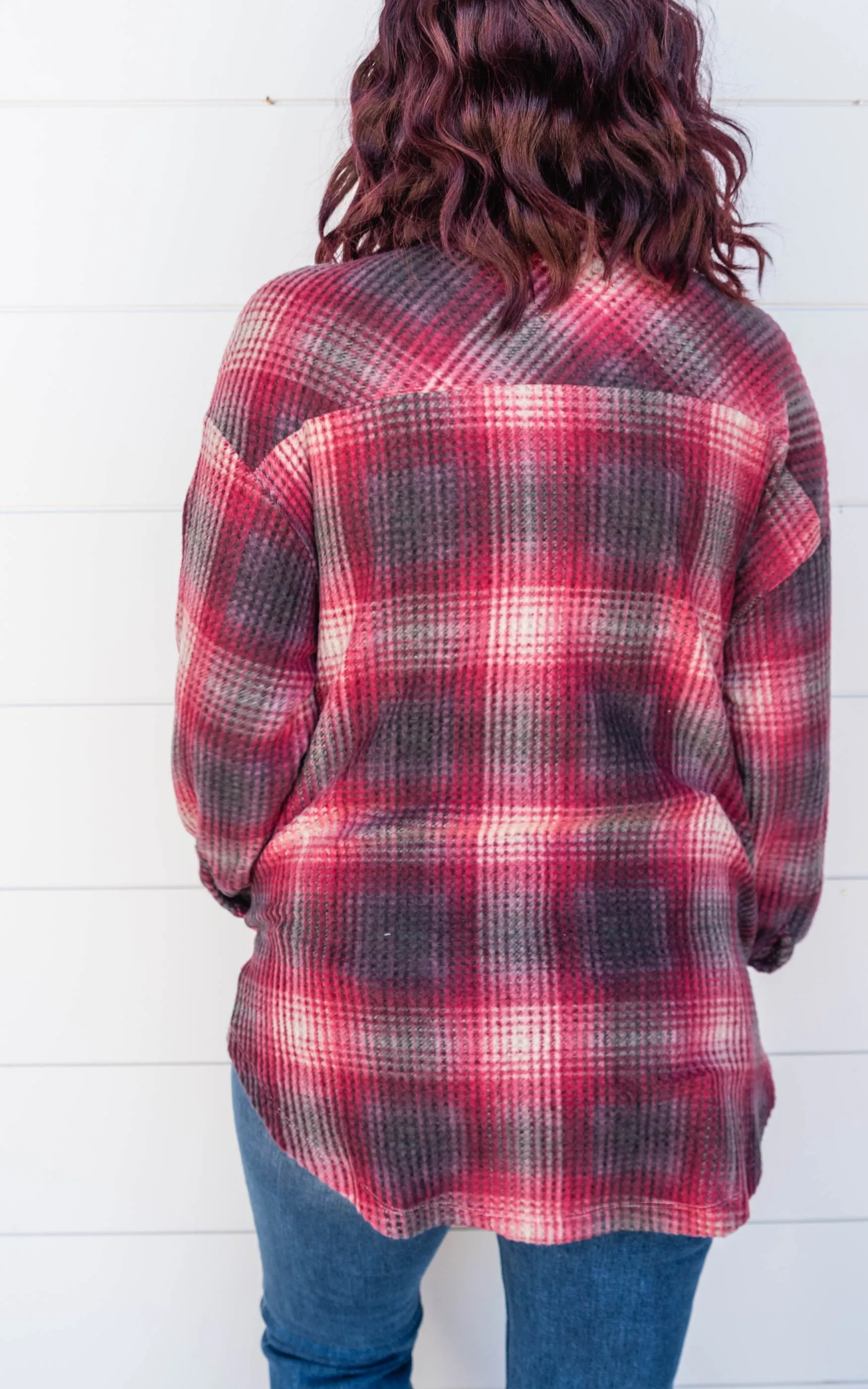 The Willow BRUSHED WAFFLE PLAID OVERSIZED SHACKET BURGUNDY - Final Sale