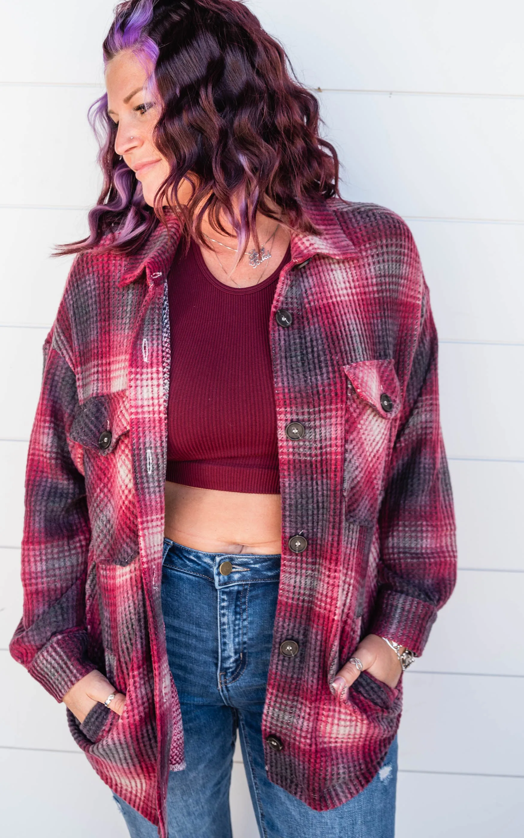 The Willow BRUSHED WAFFLE PLAID OVERSIZED SHACKET BURGUNDY - Final Sale