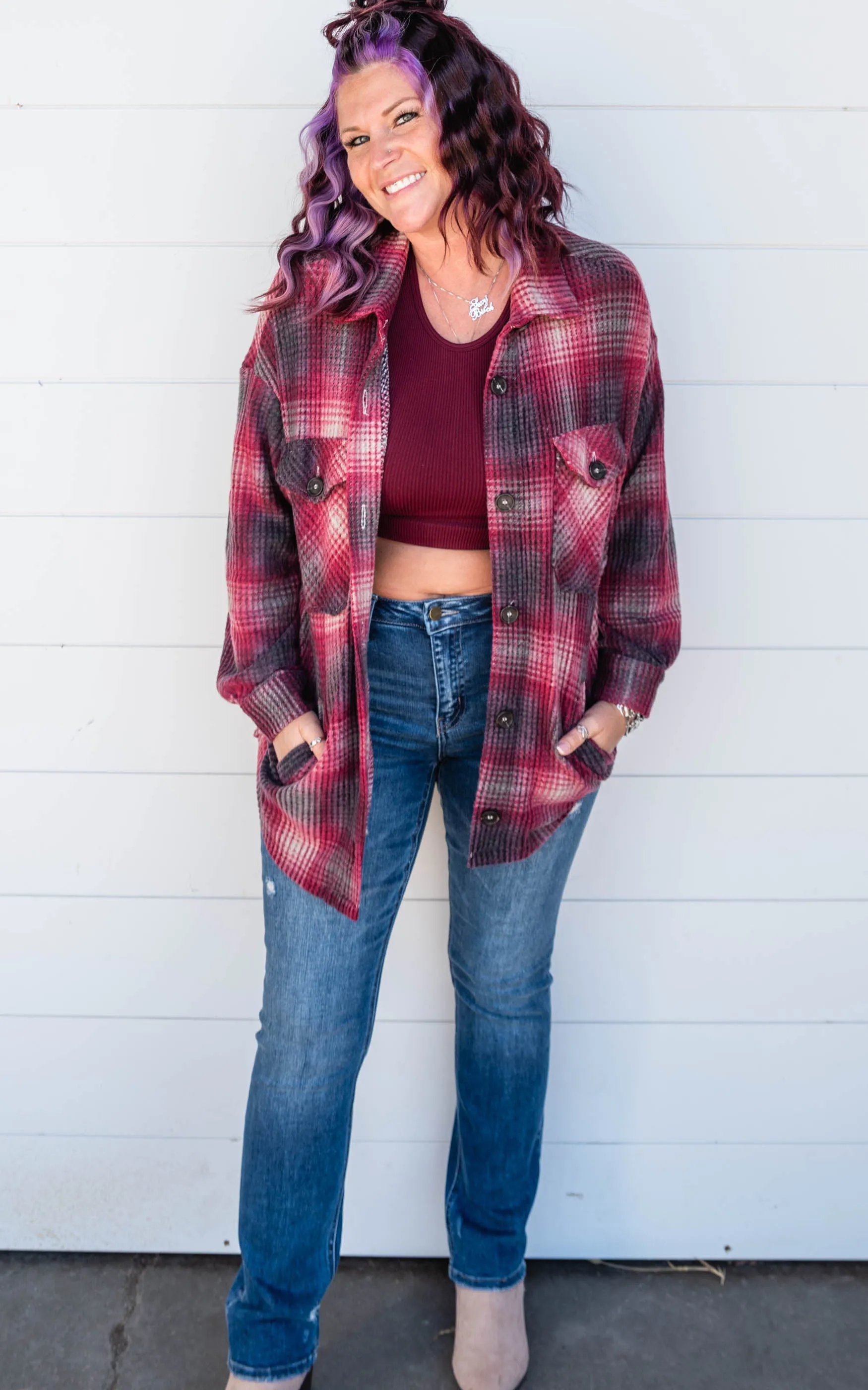 The Willow BRUSHED WAFFLE PLAID OVERSIZED SHACKET BURGUNDY - Final Sale