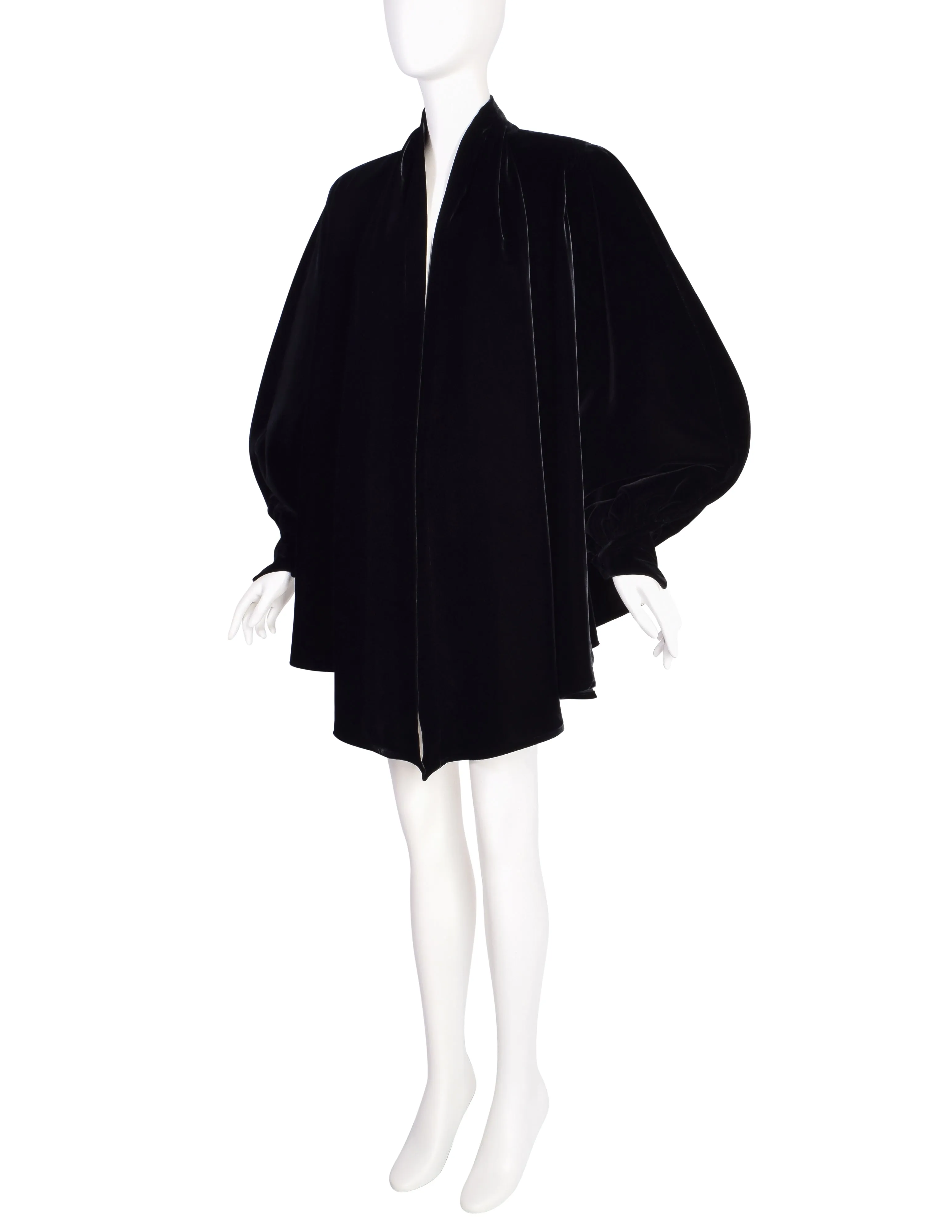 Thierry Mugler Vintage 1980s Black Velvet Draping High Low Dramatic Sleeve Coat