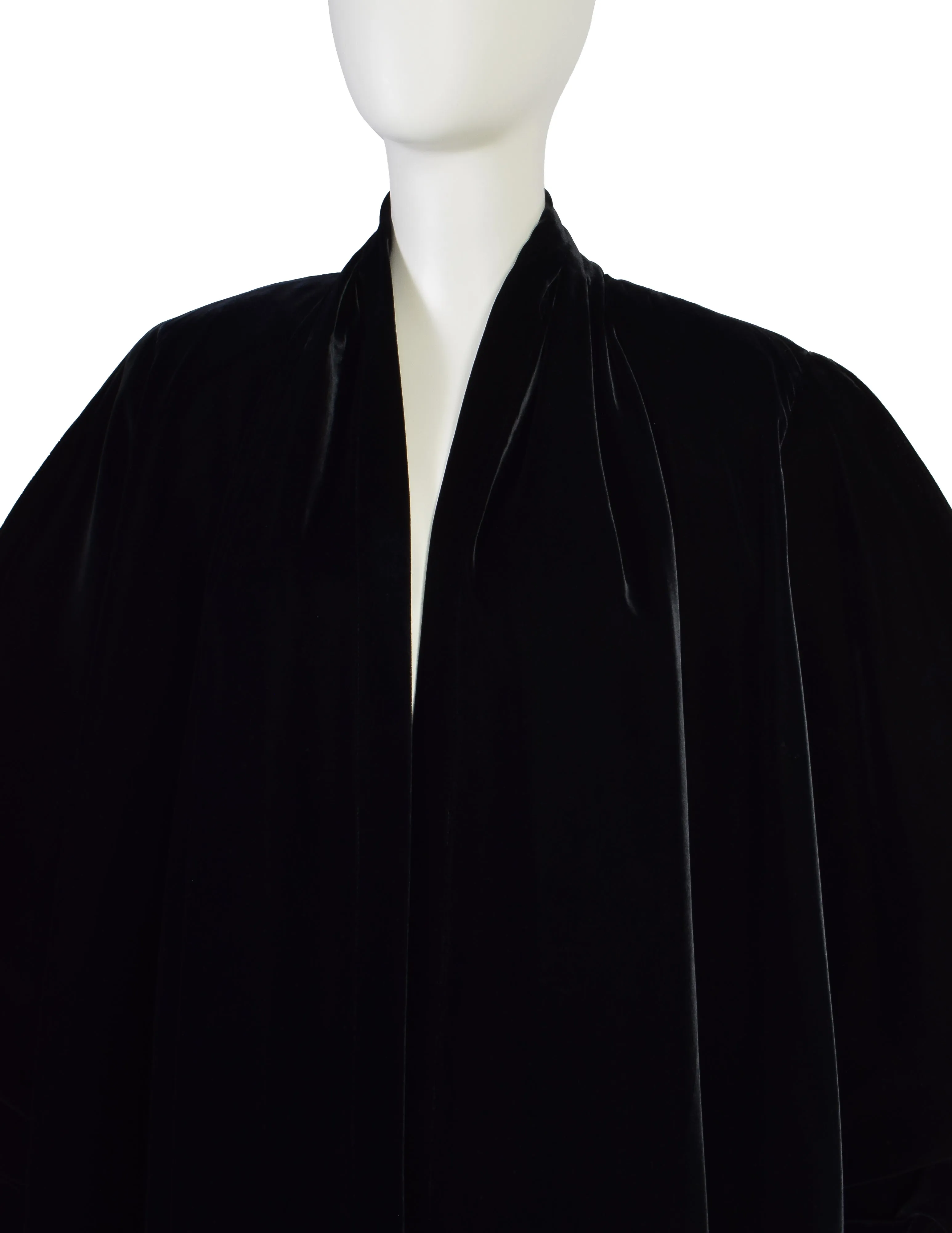 Thierry Mugler Vintage 1980s Black Velvet Draping High Low Dramatic Sleeve Coat