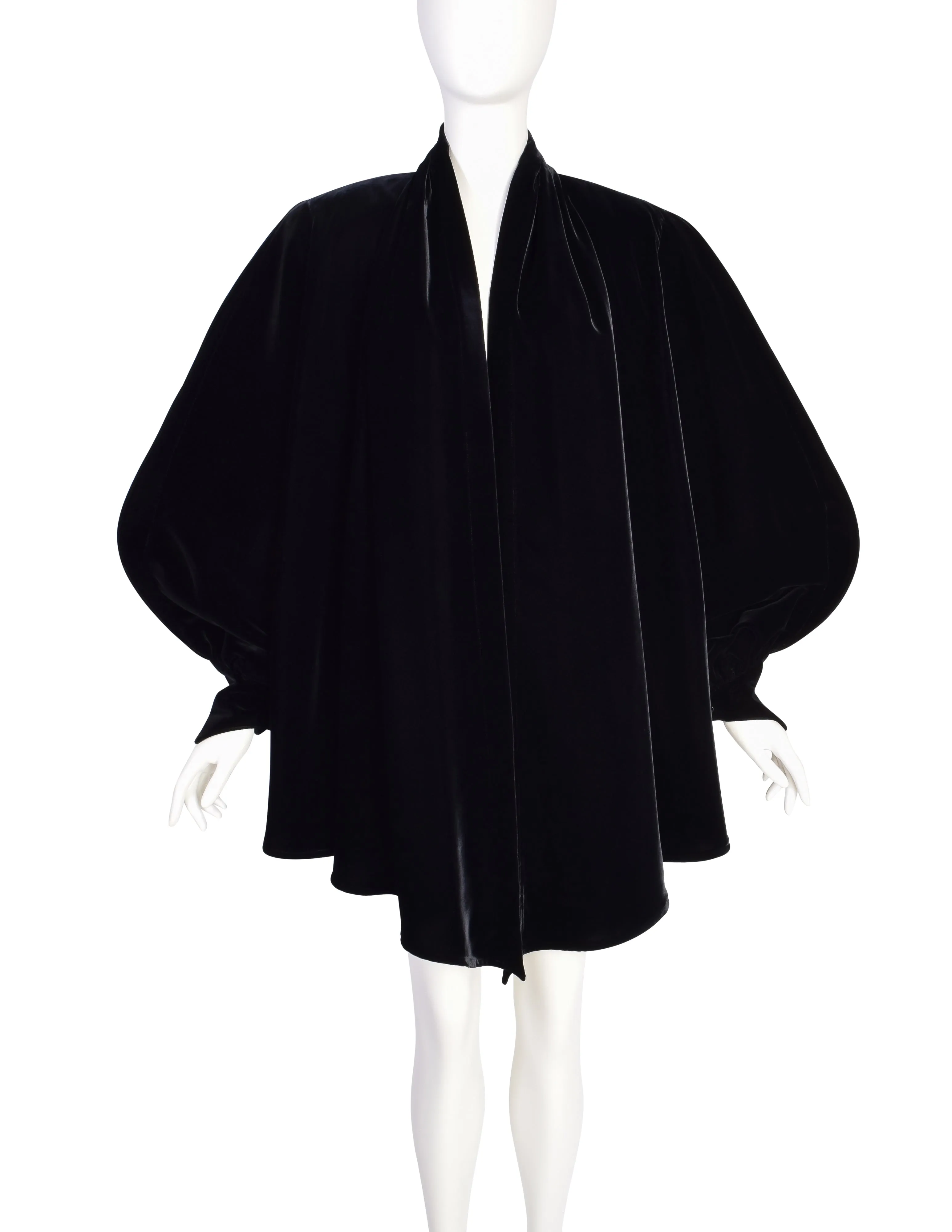 Thierry Mugler Vintage 1980s Black Velvet Draping High Low Dramatic Sleeve Coat