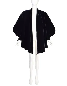 Thierry Mugler Vintage 1980s Black Velvet Draping High Low Dramatic Sleeve Coat