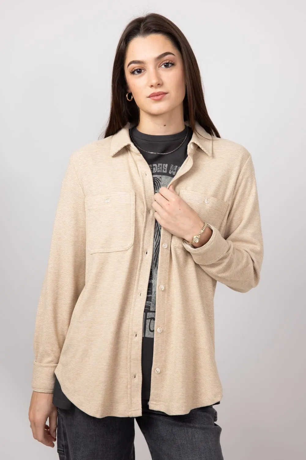 Thread & Supply Lewis Soft Luxe Button Up Shirt for Women in Striped Iced Coffee | T1084PVXTS-ICECOFFEESTRIPE