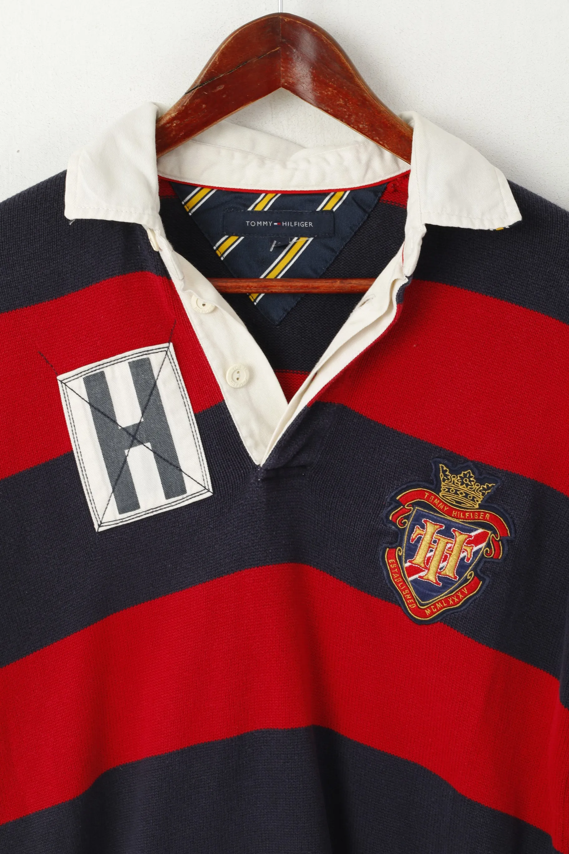 Tommy Hilfiger Men S Jumper Red Navy Striped Cotton Long Sleeve Polo Sweater