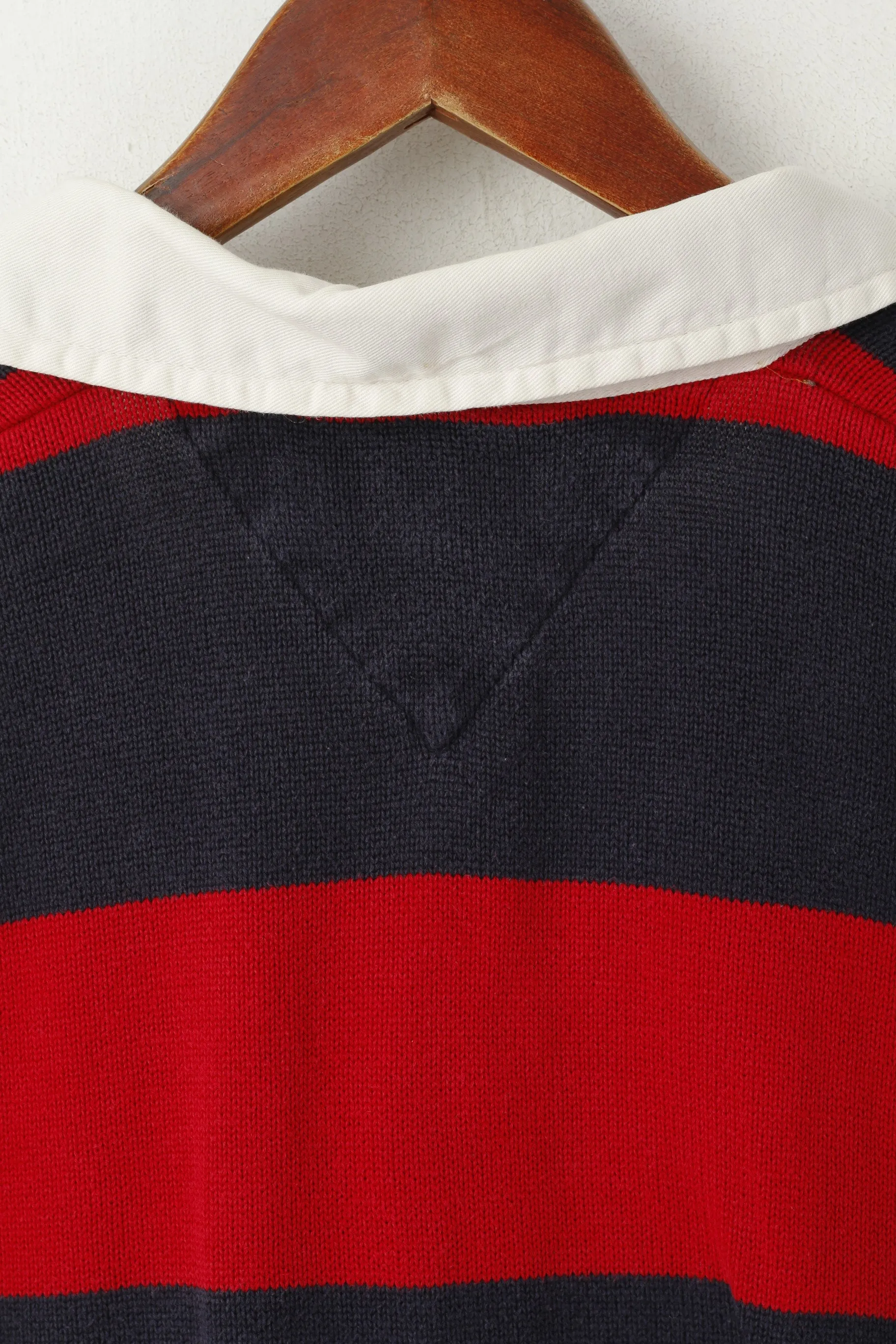 Tommy Hilfiger Men S Jumper Red Navy Striped Cotton Long Sleeve Polo Sweater