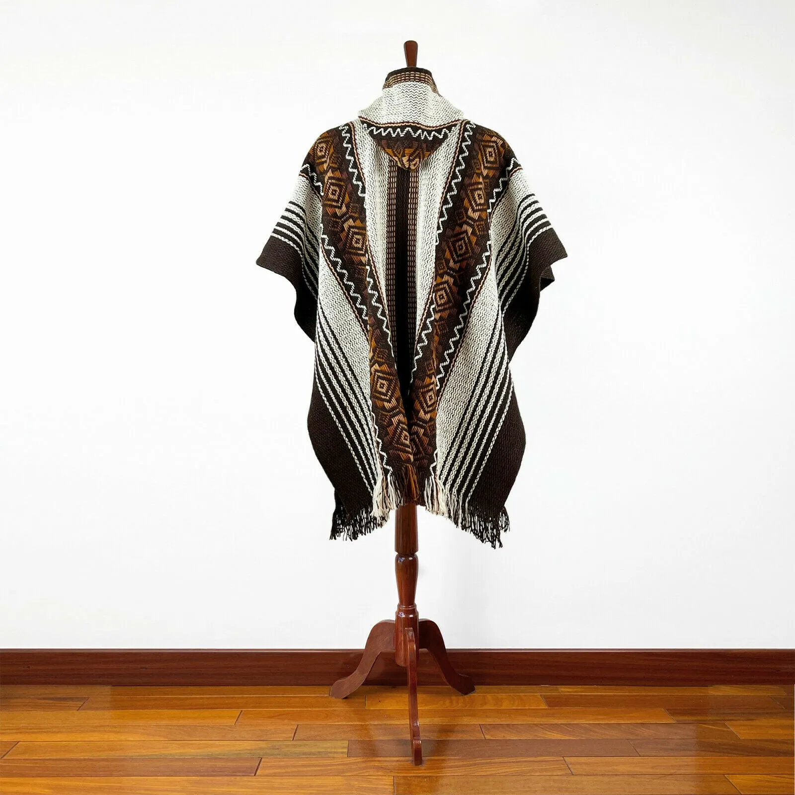 Tumbucutza - Llama Wool Unisex South American Handwoven Hooded Poncho - brown with diamonds pattern