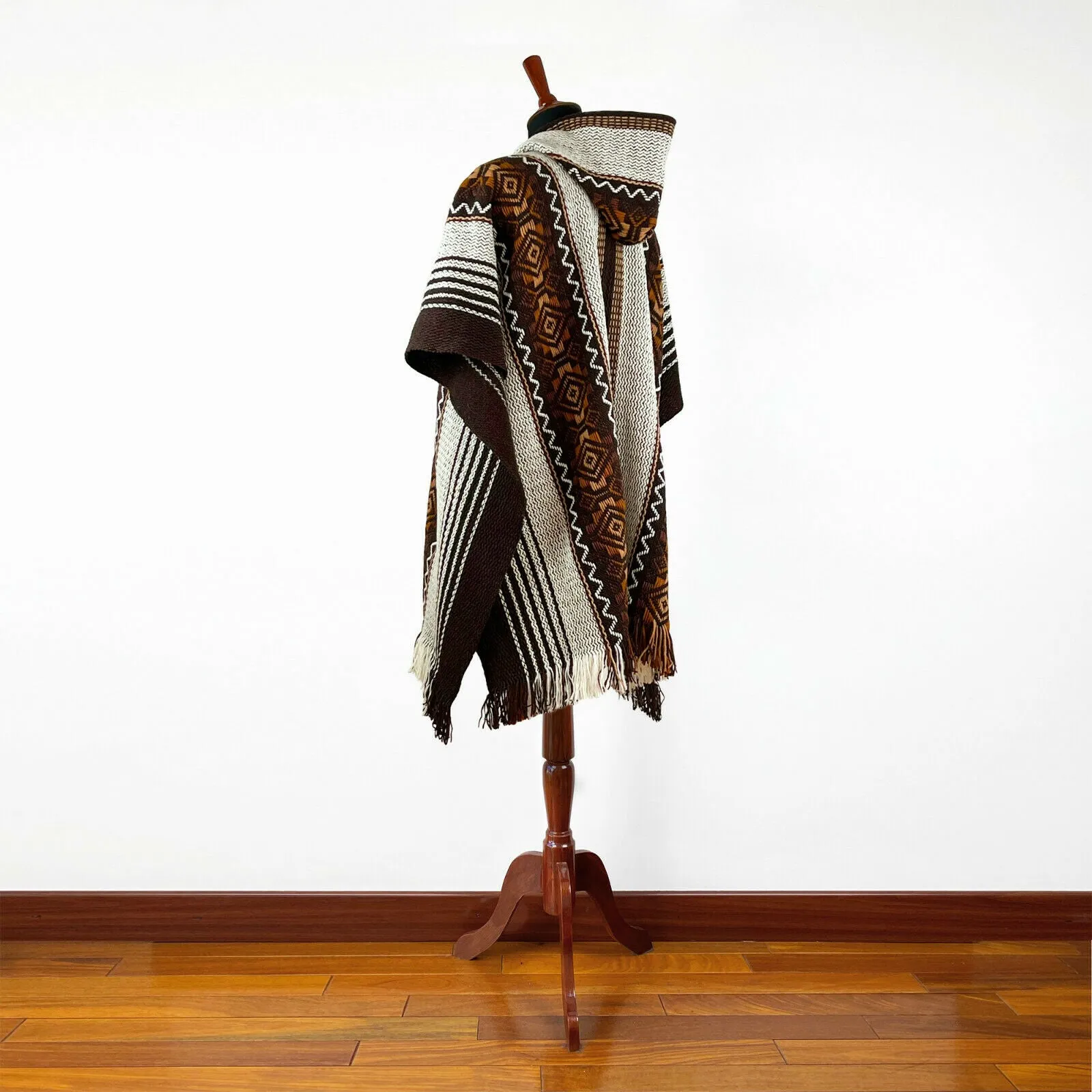 Tumbucutza - Llama Wool Unisex South American Handwoven Hooded Poncho - brown with diamonds pattern