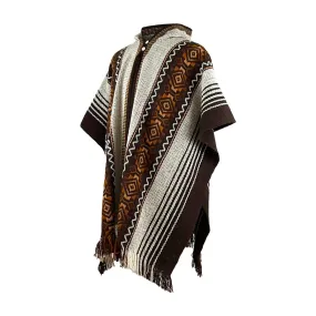 Tumbucutza - Llama Wool Unisex South American Handwoven Hooded Poncho - brown with diamonds pattern