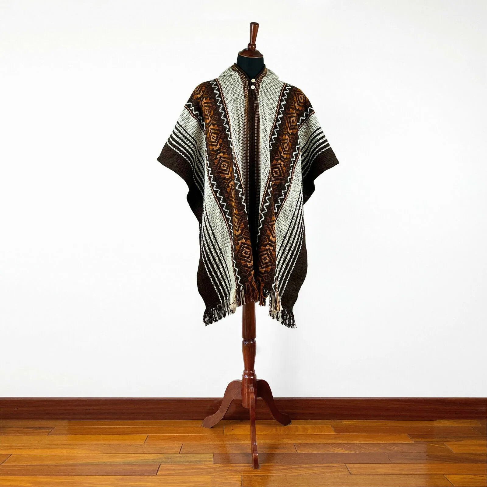 Tumbucutza - Llama Wool Unisex South American Handwoven Hooded Poncho - brown with diamonds pattern