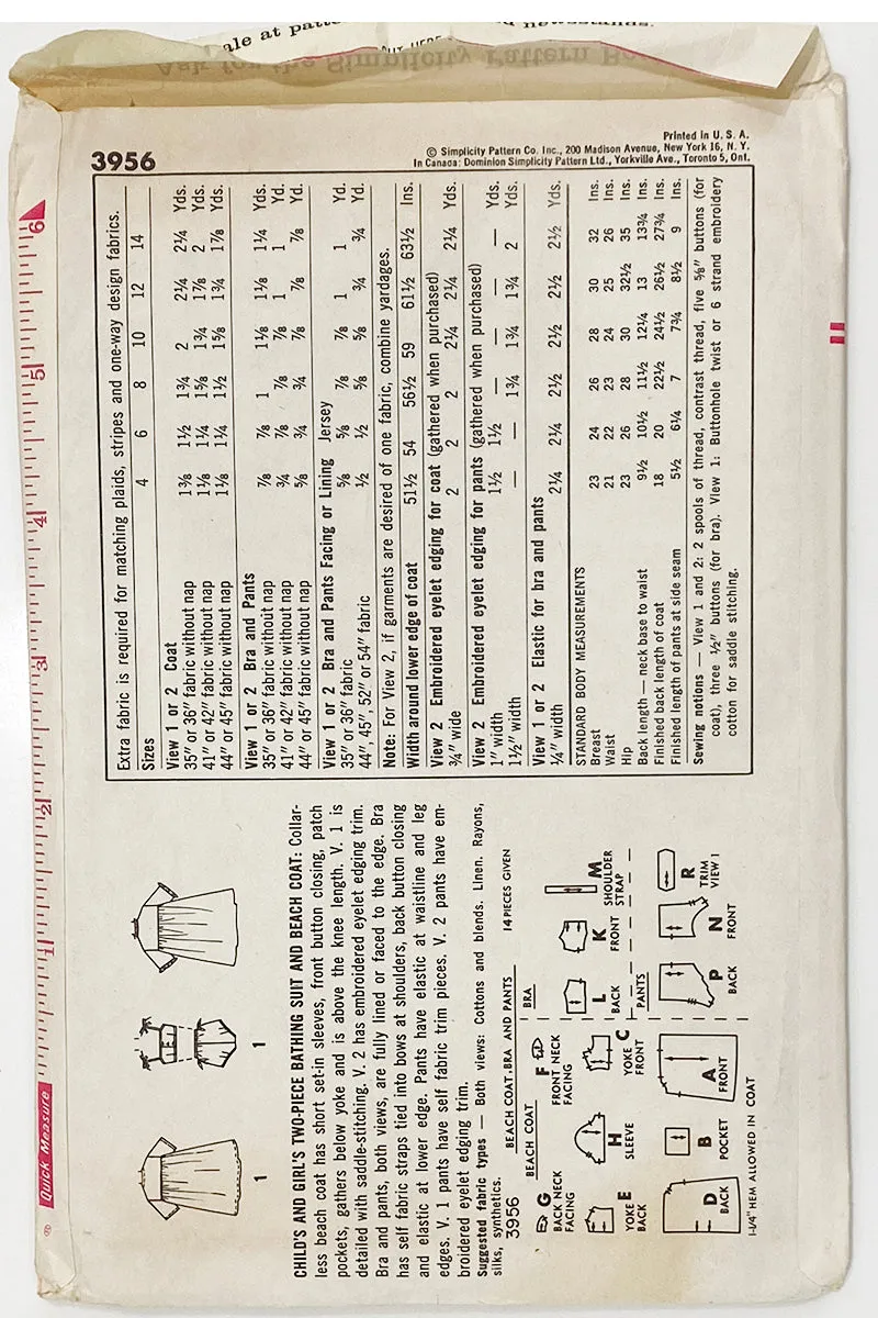 Uncut 1961 Simplicity 3956 Vintage Child's Swimsuit & Beach Cover Up Pattern