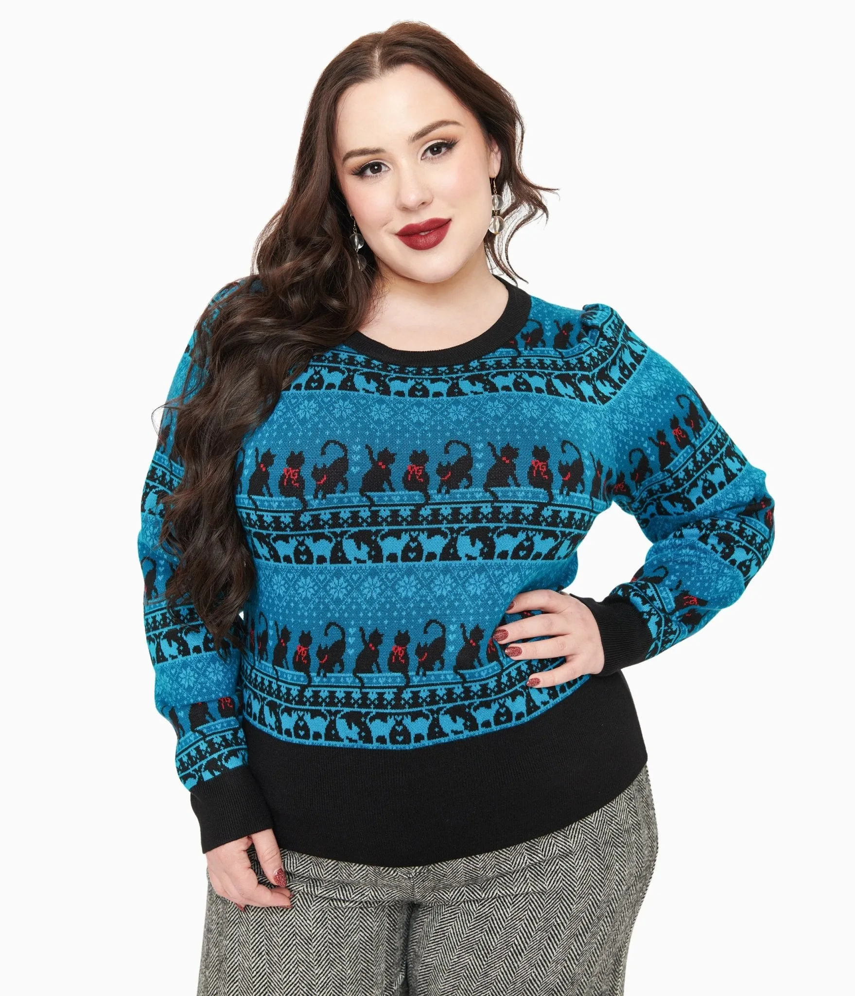 Unique Vintage Plus Size 1950s Teal Snowflakes & Cats Sweater