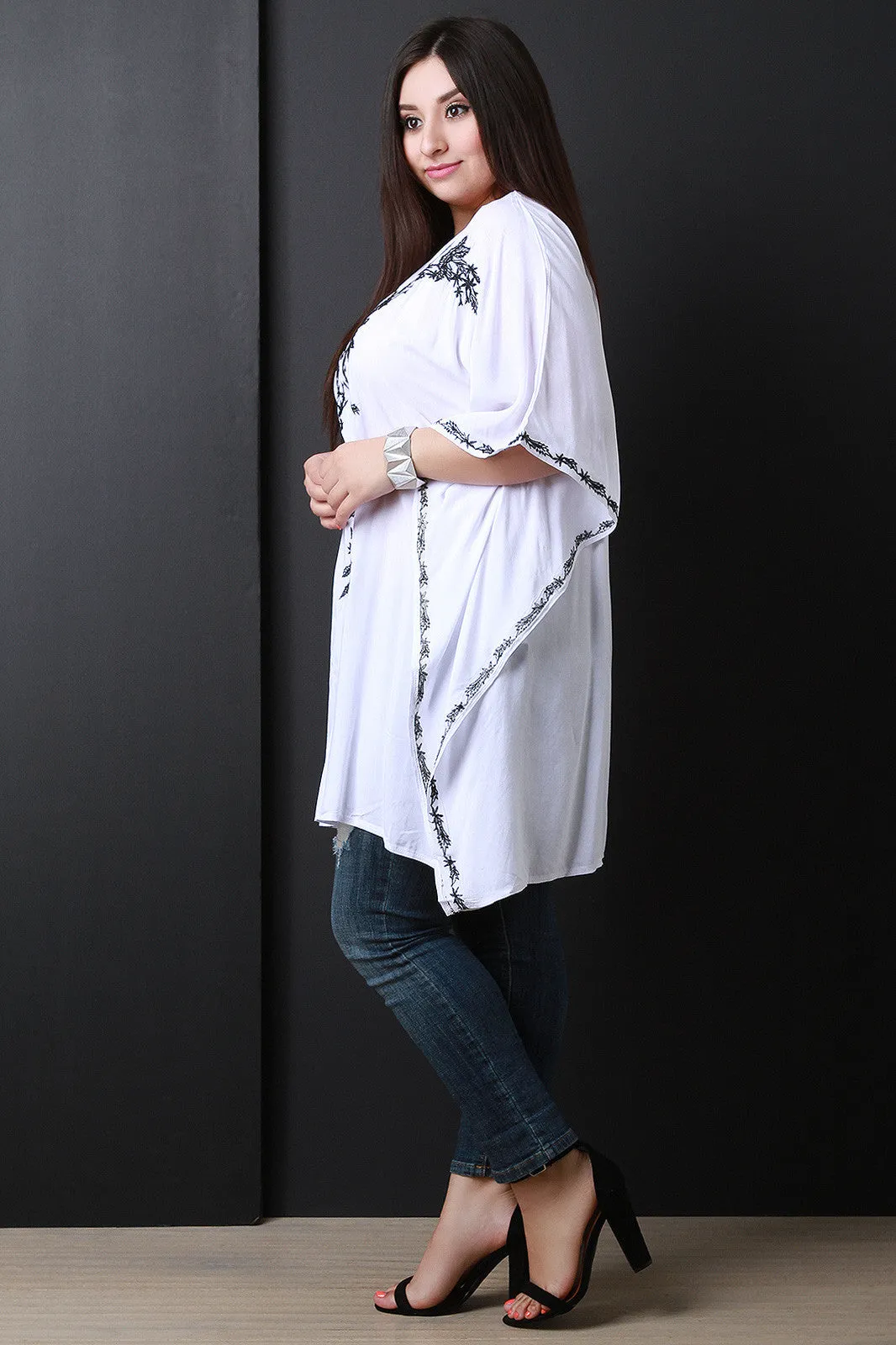 V-Neck Embroidery Poncho Top