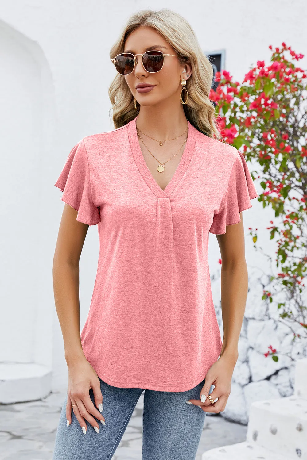 V-Neck Flutter Sleeve T-Shirt