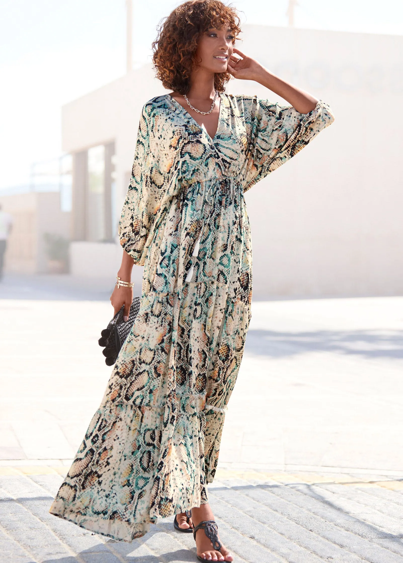 V-Neck Maxi Dress - White Multi