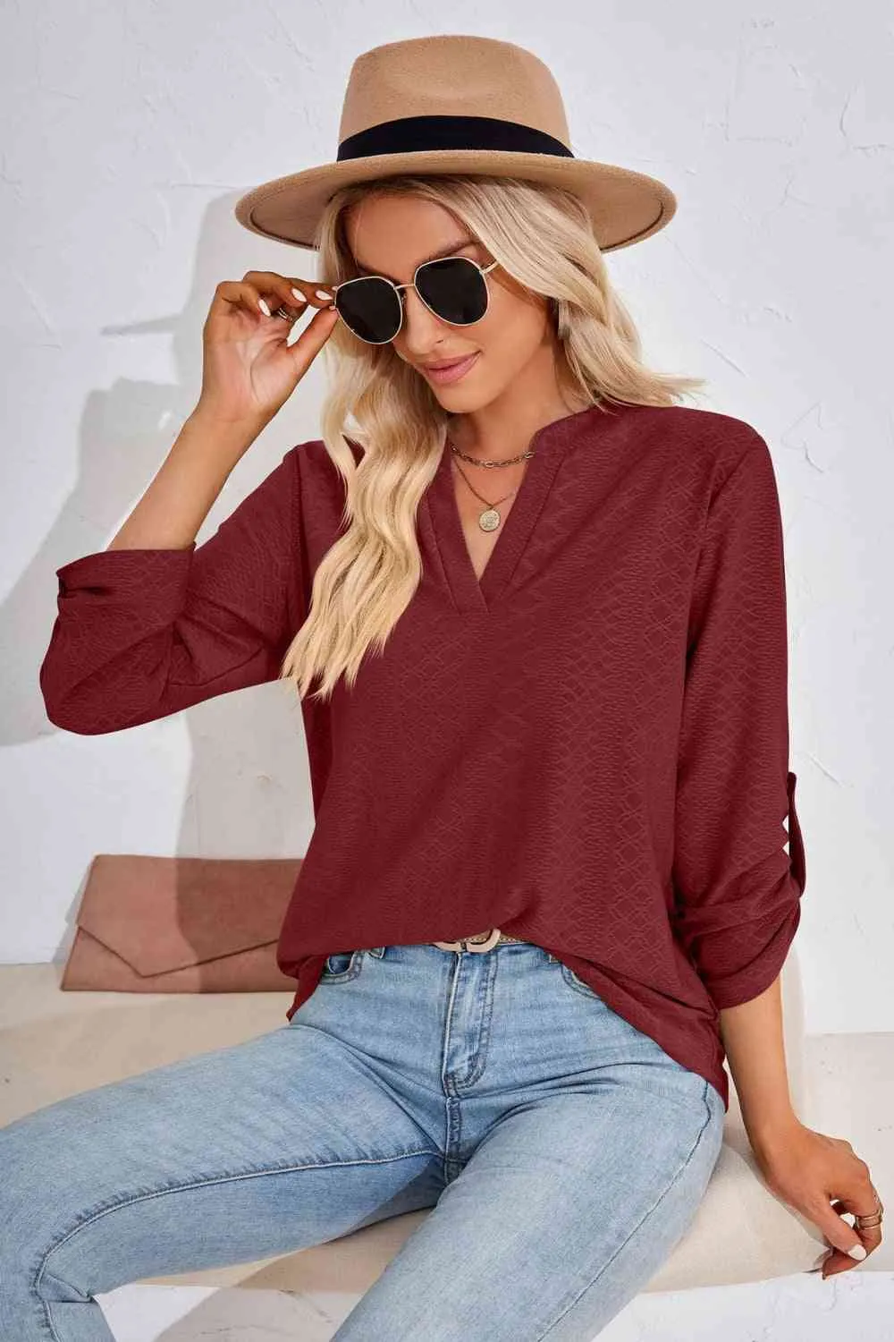 V-Neck Roll-Tap Sleeve Blouse