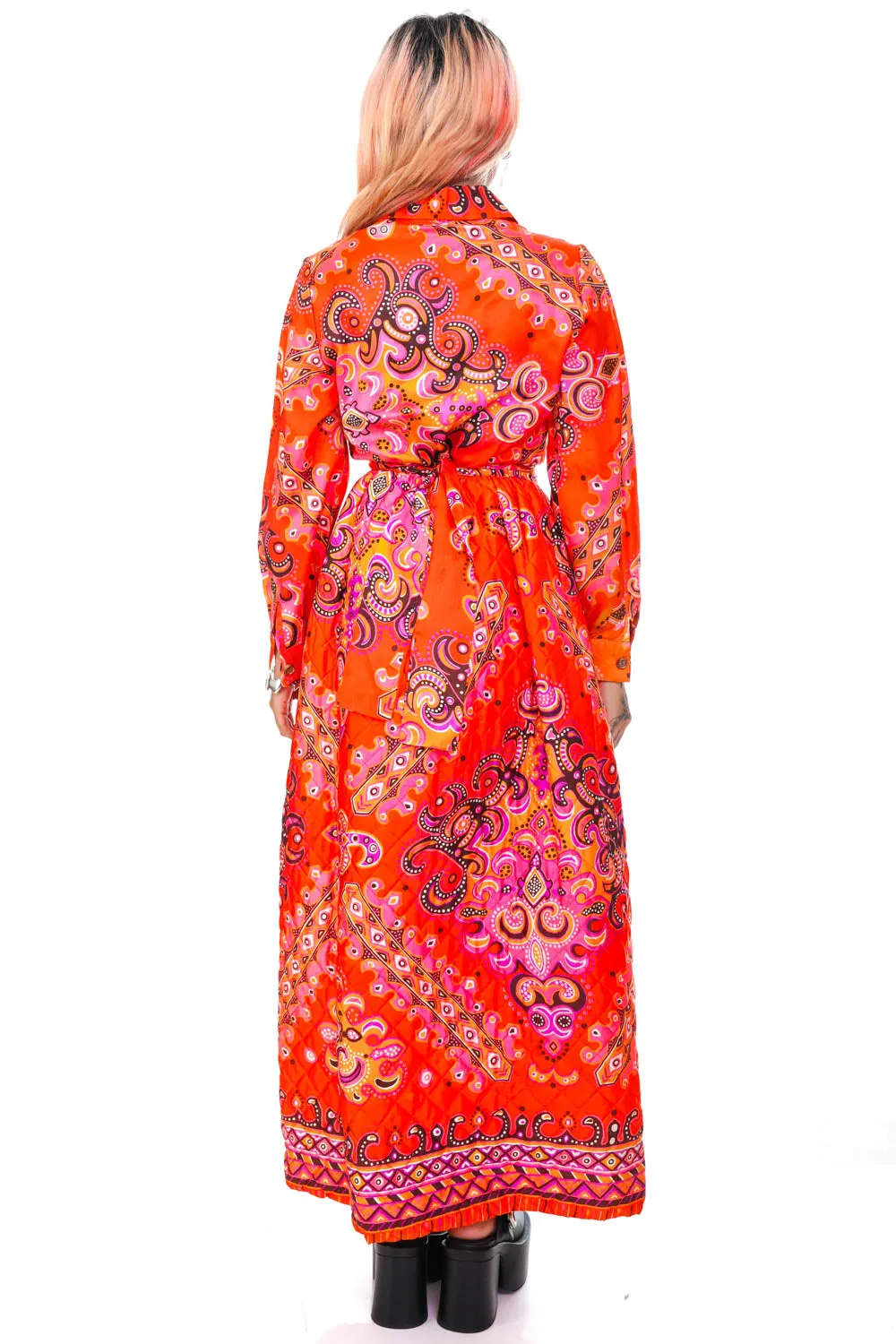 Vintage 70's Bright Orange Pattern Long-Sleeve Maxi Dress - XS/S