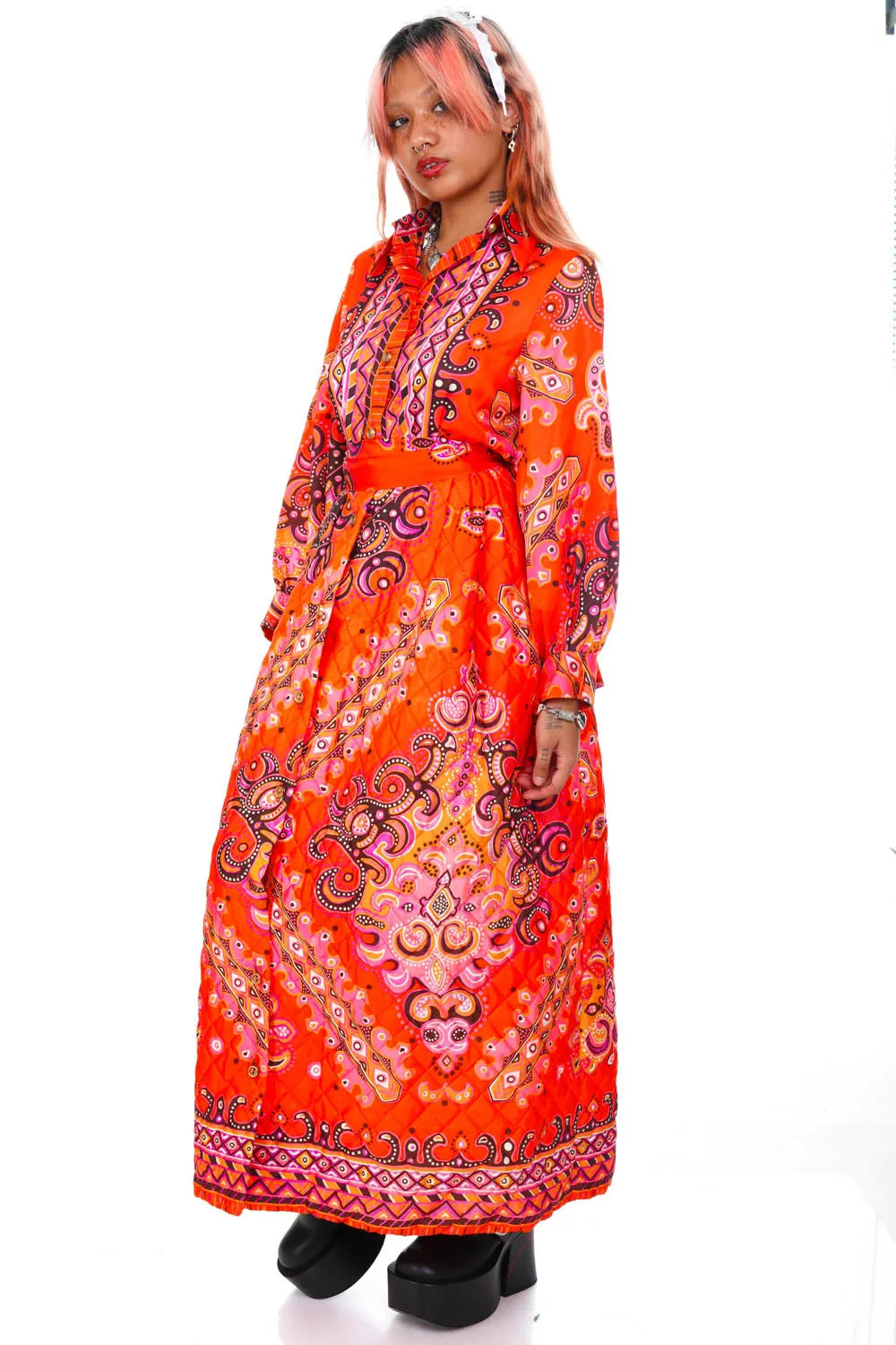 Vintage 70's Bright Orange Pattern Long-Sleeve Maxi Dress - XS/S