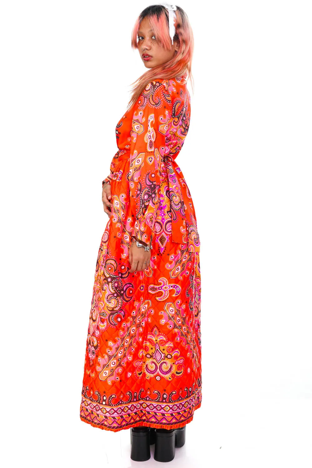 Vintage 70's Bright Orange Pattern Long-Sleeve Maxi Dress - XS/S