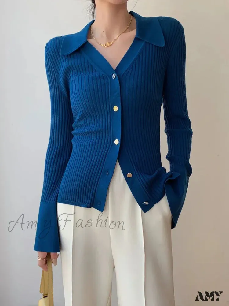 Vintage Luxury Knitted Cardigan Long Sleeve Tops Slim Polo Large Lapel Korean Fashion High Quality Sweater