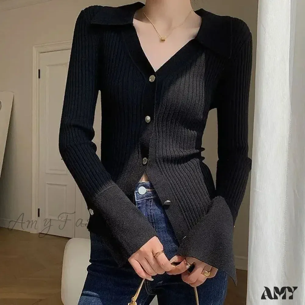 Vintage Luxury Knitted Cardigan Long Sleeve Tops Slim Polo Large Lapel Korean Fashion High Quality Sweater