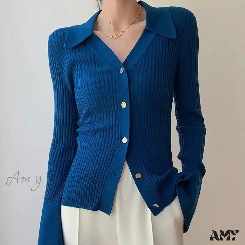 Vintage Luxury Knitted Cardigan Long Sleeve Tops Slim Polo Large Lapel Korean Fashion High Quality Sweater