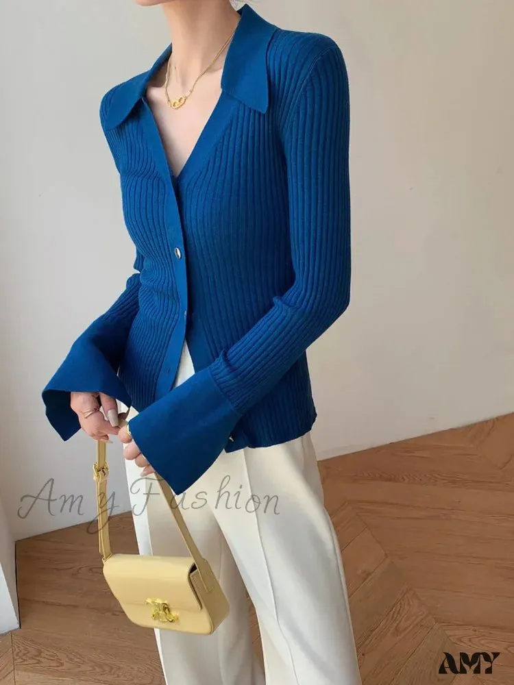 Vintage Luxury Knitted Cardigan Long Sleeve Tops Slim Polo Large Lapel Korean Fashion High Quality Sweater