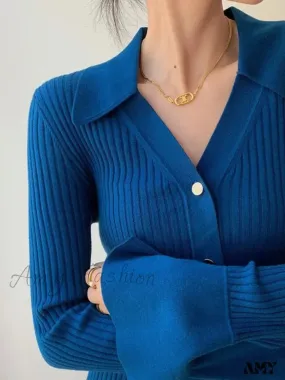 Vintage Luxury Knitted Cardigan Long Sleeve Tops Slim Polo Large Lapel Korean Fashion High Quality Sweater