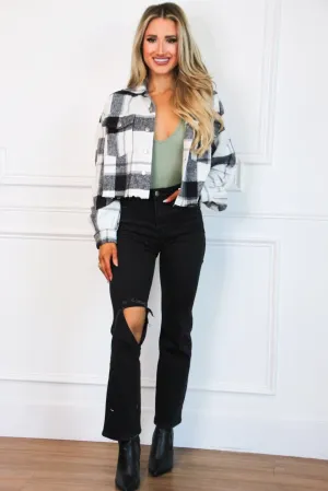 Wake Up Call Plaid Cropped Shacket: Black/White