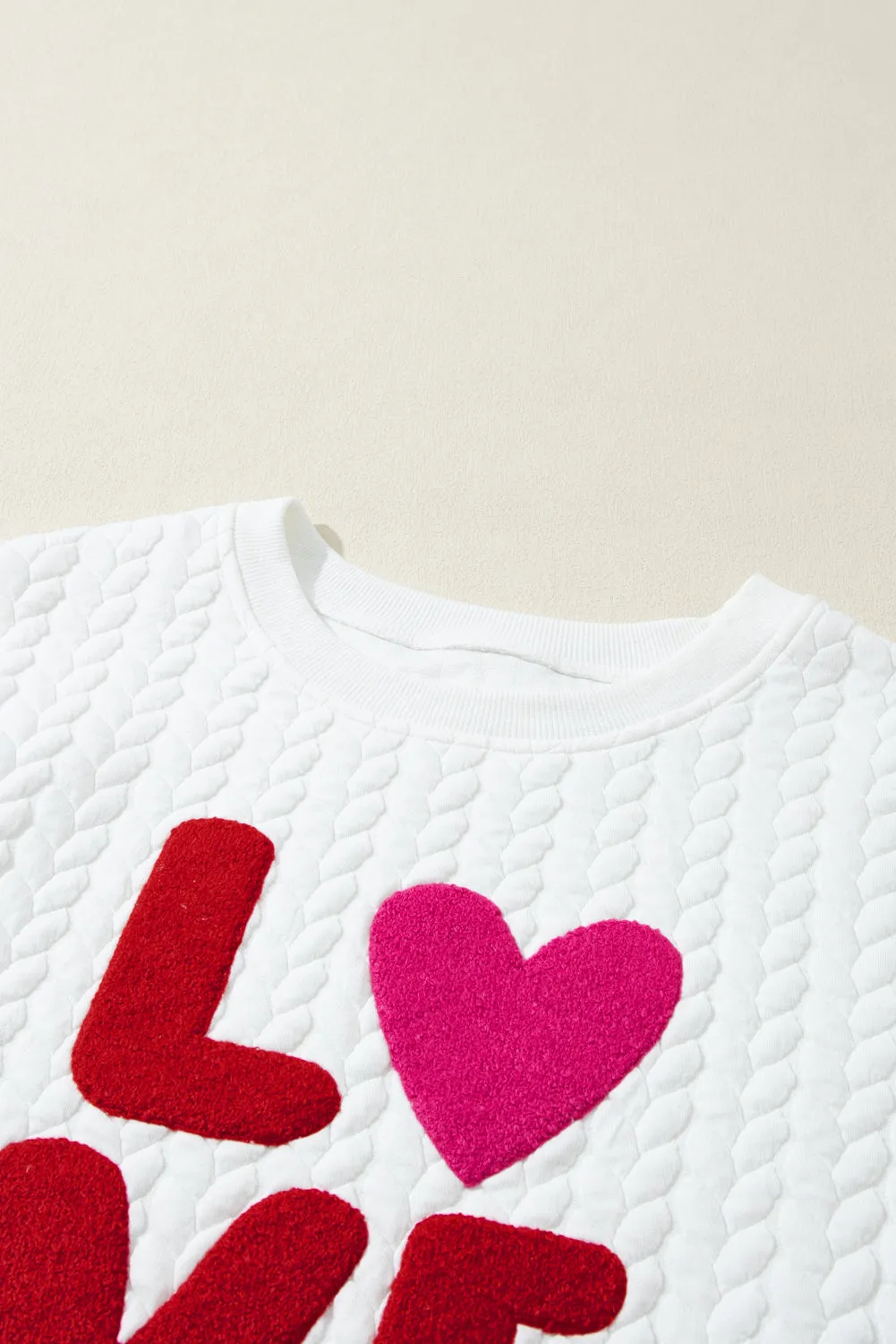 White LOVE Chenille Embroidered Cable Knit Pullover Sweatshirt