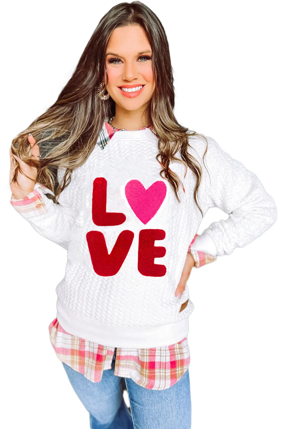 White LOVE Chenille Embroidered Cable Knit Pullover Sweatshirt